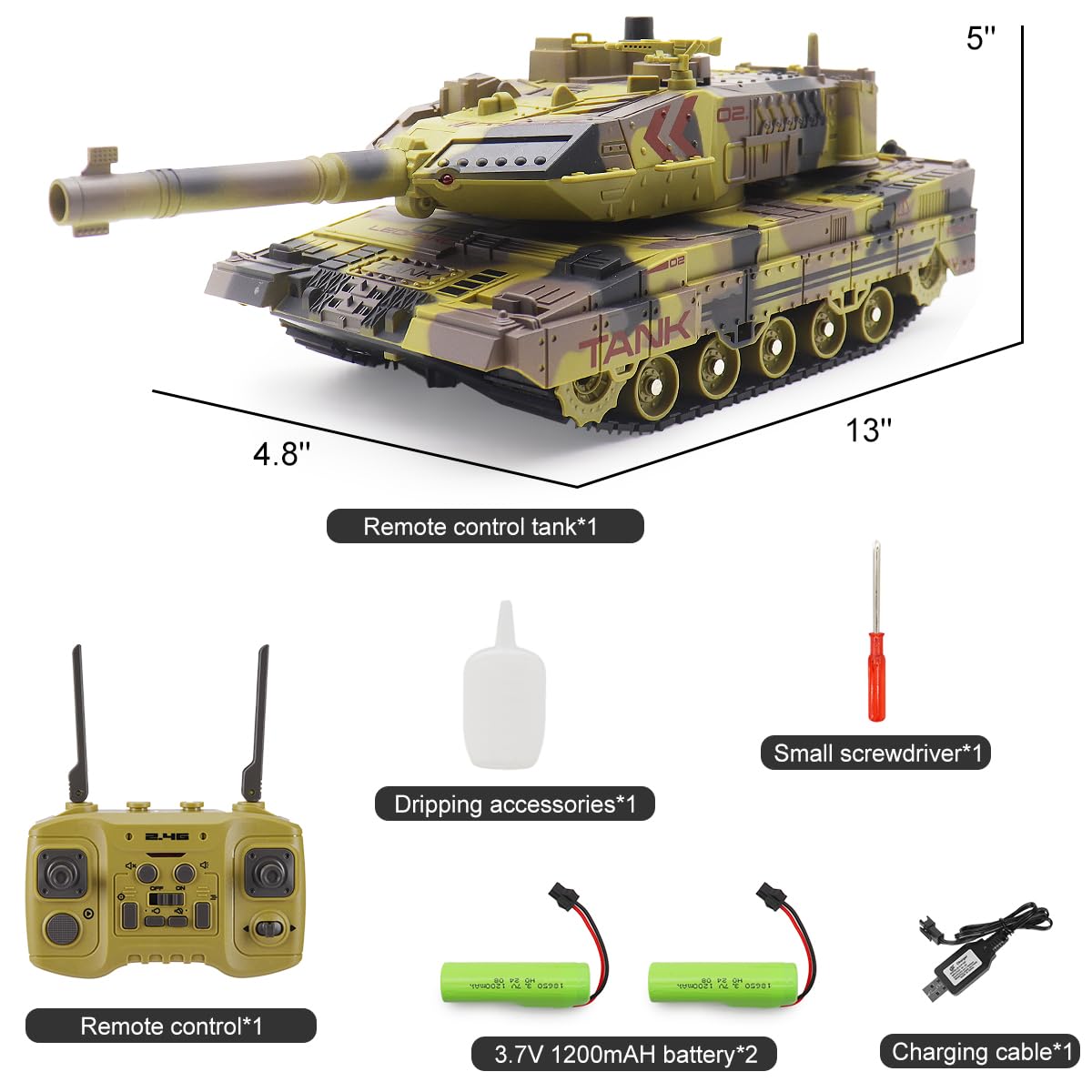 Carro Armato RC che Spara per Bambini Adulti, Modello di Veicoli Militari con Controllo Remoto 2.4G, Carro Armato dell'Esercito Giocattolo con Suono Demo Automatico, Luce, Fumo, 13 Canali