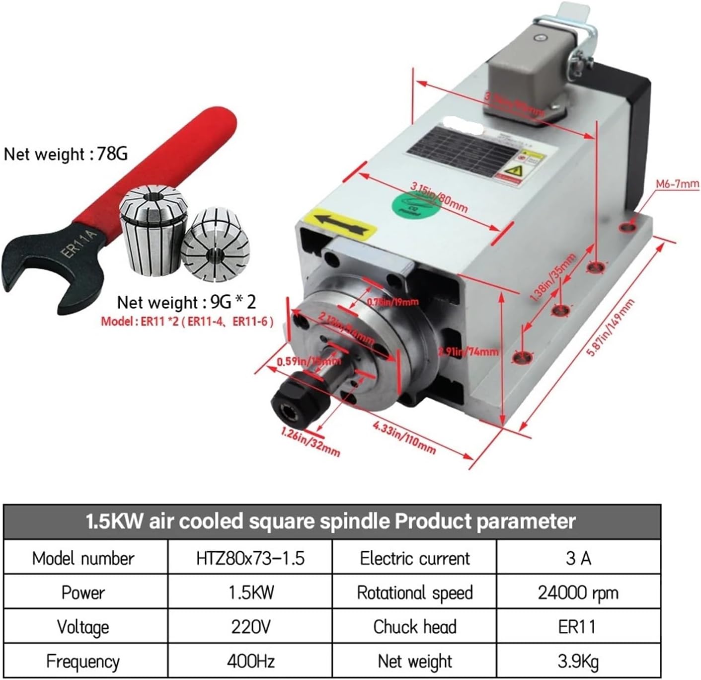 1.5KW spindle motor 110v / 220v ER11 400hz 24000RPM + ER11A wrench + 2 pcs ER11 chuck 4mm 6mm(220v)
