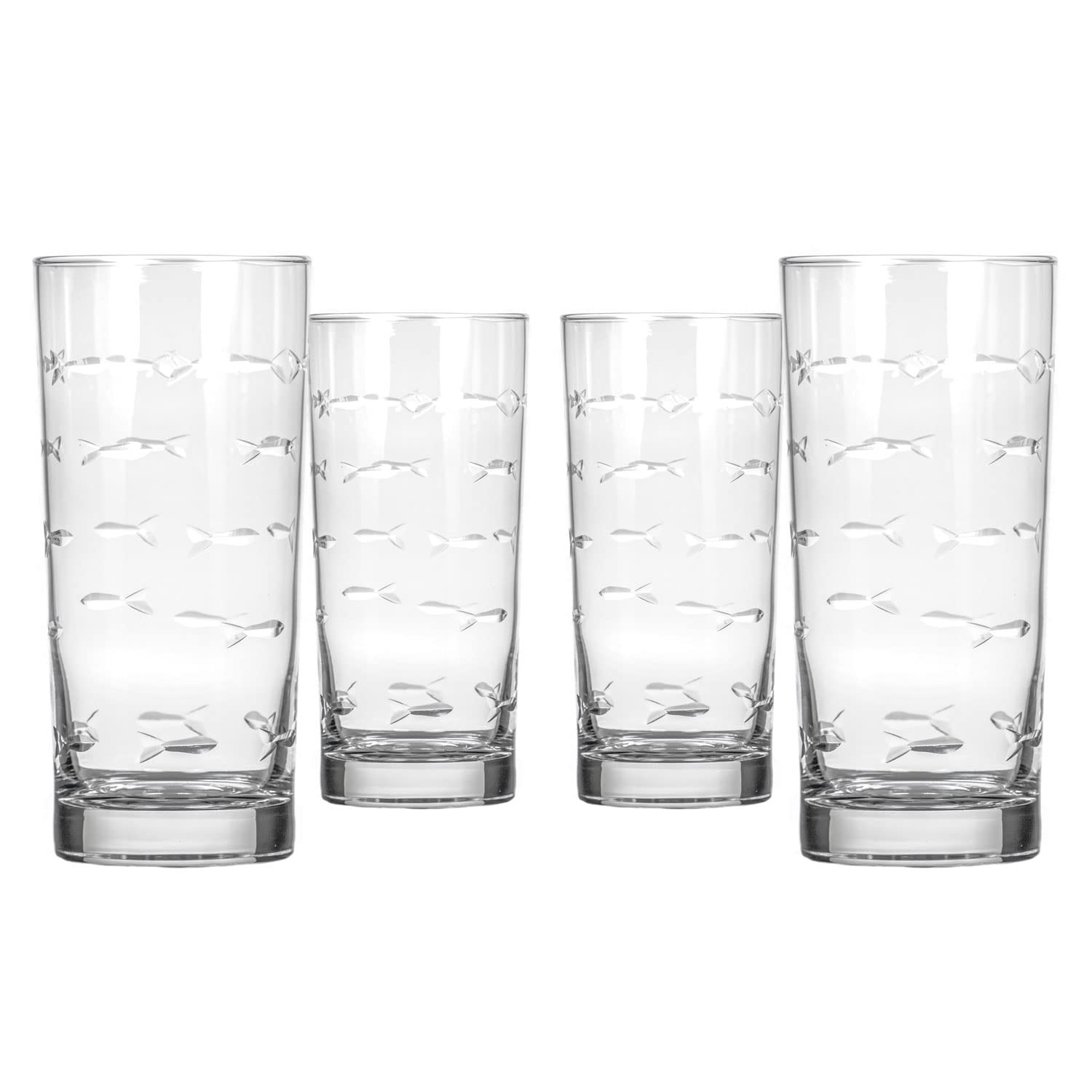 Rolf Glass School of Fish Highball Glass Set of 4 15oz Cooler Glasses Lead-Free Engraved Glass with Heavy