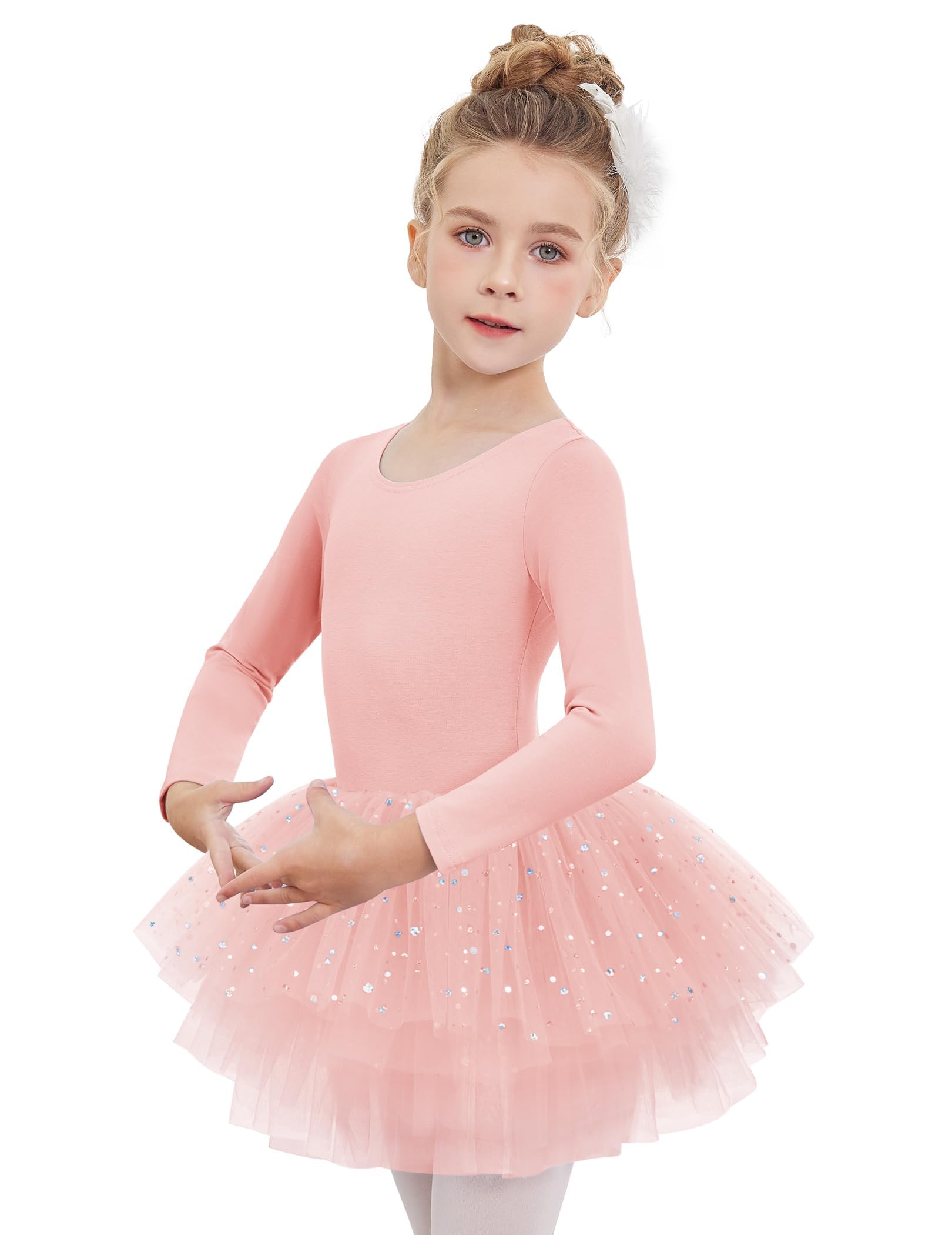 Arshiner Vestido de Tutú de Ballet para Niñas Malla de Manga Larga Traje de Baile de 4 Capas con Falda Brillante Traje de Ballet, Ropa de Baile para Edades de 2 a 11 años