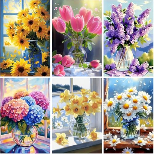 DOZEEZOP 6 Pack 5D Diamond Painting Kits for Adults, Diamond Art Kits for Adults Beginners of All Ages, Round Full Drill Arts and Crafts Gems Home Wall Decor 12x16 Inches Flowers
