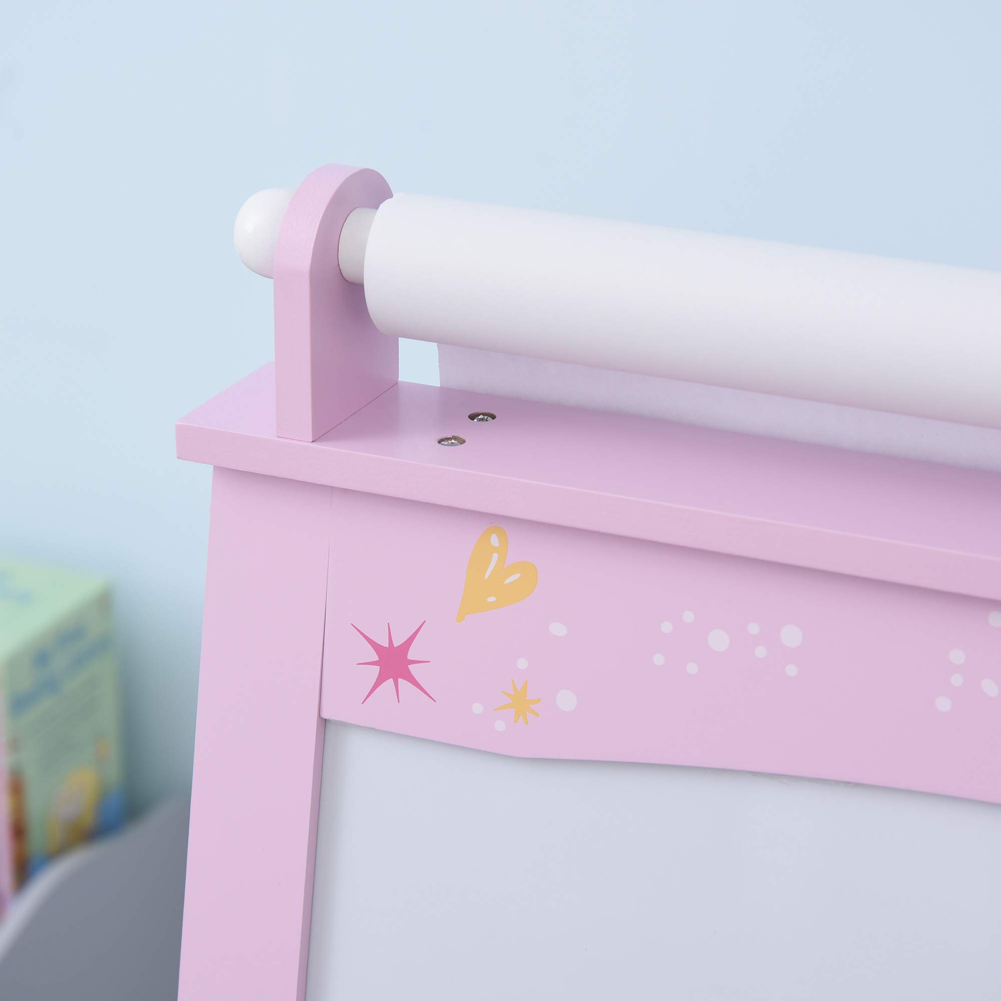 HOMCOM Pizarra Infantil Caballete 3 en 1 Caballete Infantil de Doble Soporte para Niños de +3 Años con Papel en Rollo y 2 Cestas de Almacenaje 58,5x50,5x118 cm Rosa