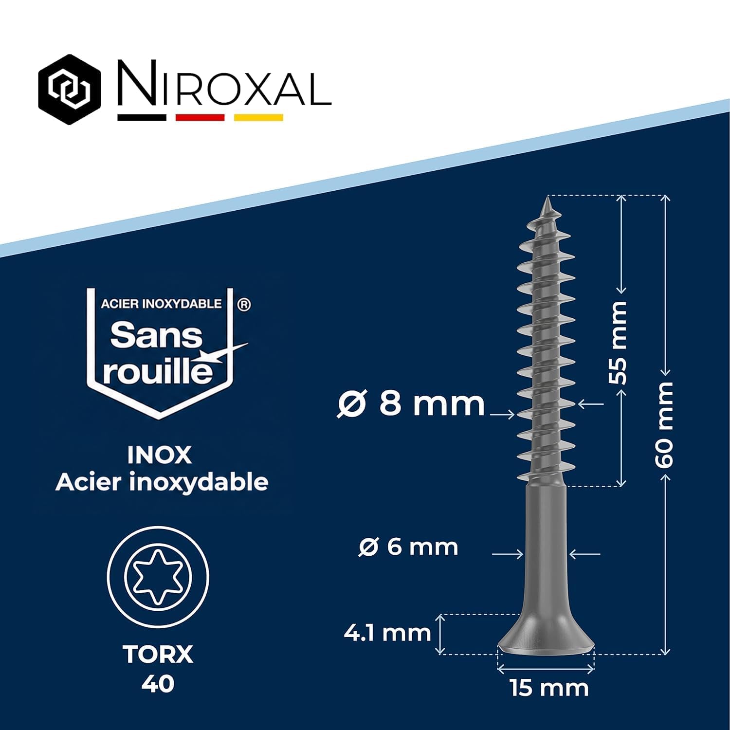 Vis à bois inox A2 V2A H2 Torx TX tête fraisée 90° filetage total 8 mm HEAVY DUTY 8x60 mm – 50 pcs vis bois structure