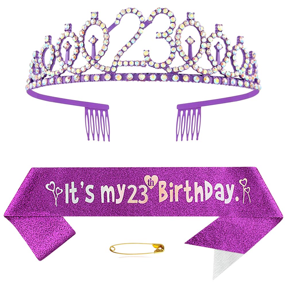 Banda morada de cumpleaños número 23 para niñas, cumpleaños, princesa, corona, reina, tiara de cumpleaños, diadema de cumpleaños, banda de cumpleaños, decoración de feliz cumpleaños para niñas y