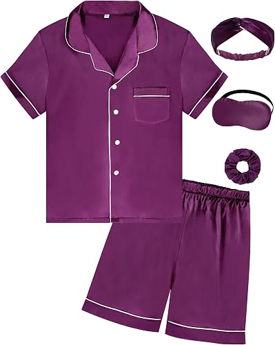 Satin Girl Pajama Set Silk Pajamas for Girls With Eyemask 2 Pcs Button-up Sleepw