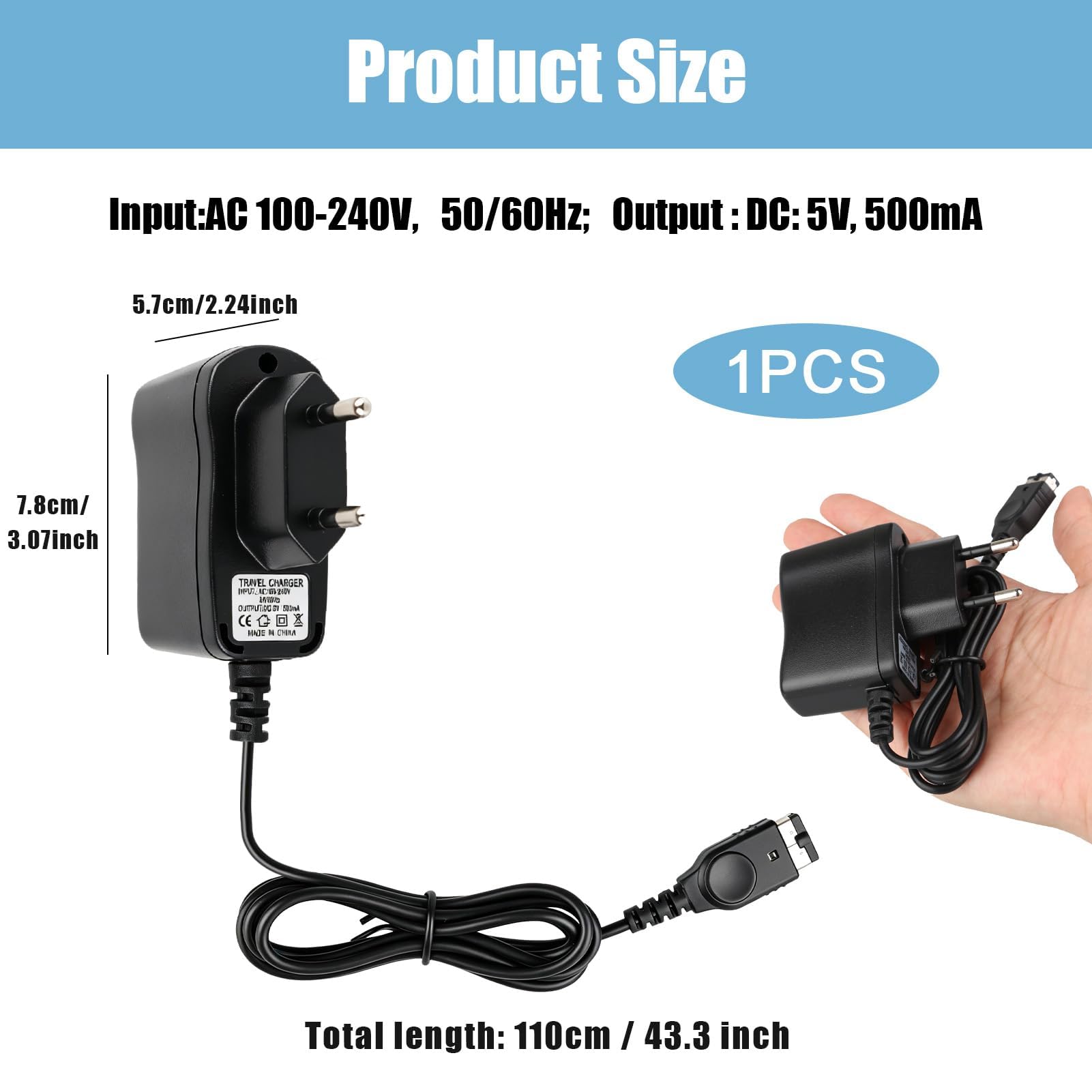 Cagrin 5V 500mA Chargeur Compatible avec NDS FAT et Game Boy Advance SP | Adaptateur Secteur AC 100‑240V DC pour Consoles NDS GBA SP, Chargeur de Voyage, Câble 1,1 m, Noir