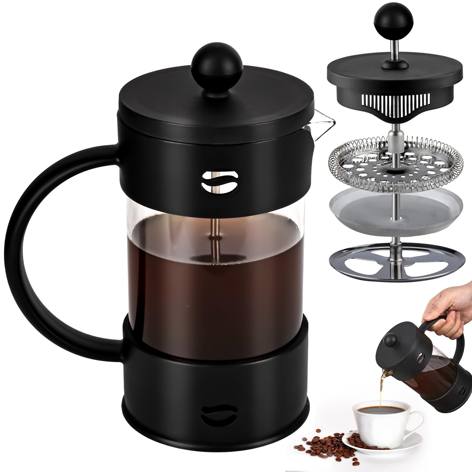 YYTECH Cafetiere French Press Coffee Maker with Capacity of 600ml / 3-4 Cups Double Wall Insulated Heat Resistant Borosilicate Glass Small Coffee Press for Ground Coffee, Perfect for Coffee Lover Gift