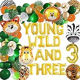 145pcs Safari Jungle 3rd Birthday Party Decorations Gold Young Wild And Three Balloons Jungle Animals Balloons Garlands Arch Kit for Wild Three Themed Woodland Third Bday Party Supplies Decorations