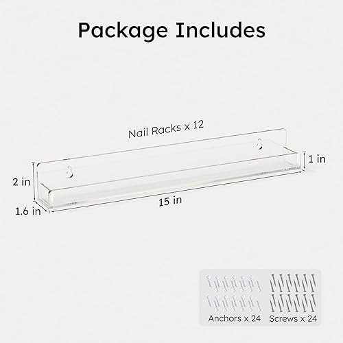 Miniatura 3 de FEMELI Estante de pared acrílico transparente para esmalte de uñas: 12 estantes de exhibición del soporte del organizador - 15 pulgadas