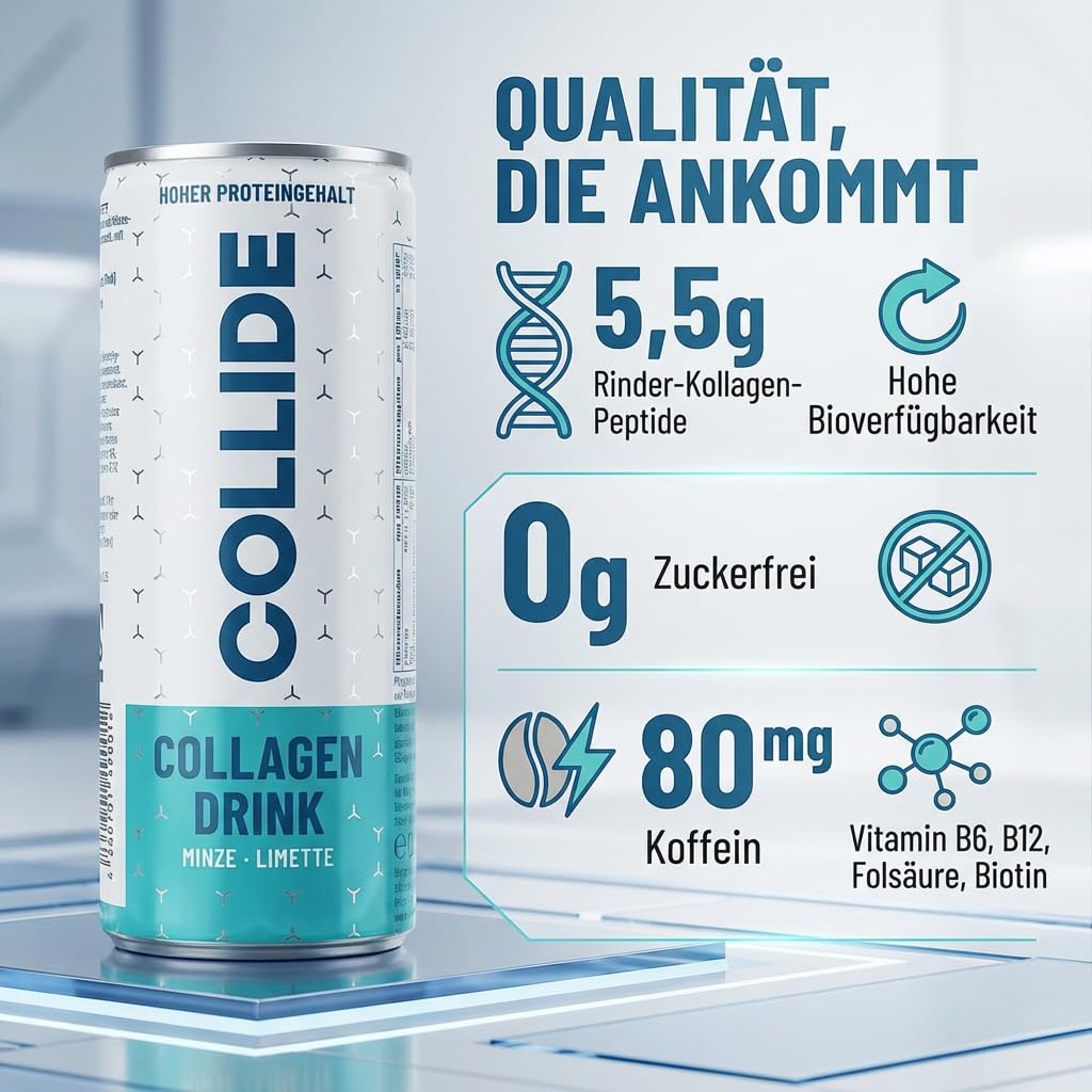 COLLIDE Kollagen Protein Drink – Minze-Limette - 2x 12x250ml - Zuckerfrei & High Protein - Mit Collagen Hydrolysat Peptiden, Vitamin B6 &12, Folsäure, Biotin & Koffein