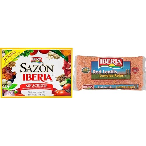 Sazon Iberia sin Achiote 6.34 onzas (36 paquetes) + granos de lentejas rojas Iberia de 12 onzas
