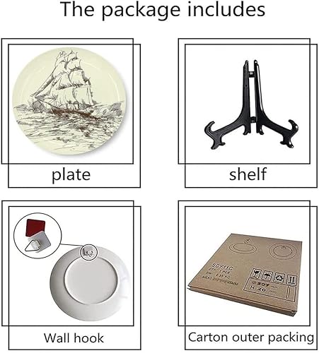 Miniatura 6 de Placa de exhibición de cerámica, placa decorativa colgante de cerámica náutica, velero dibujado a mano luchando en olas del océano, 8 pulgadas,