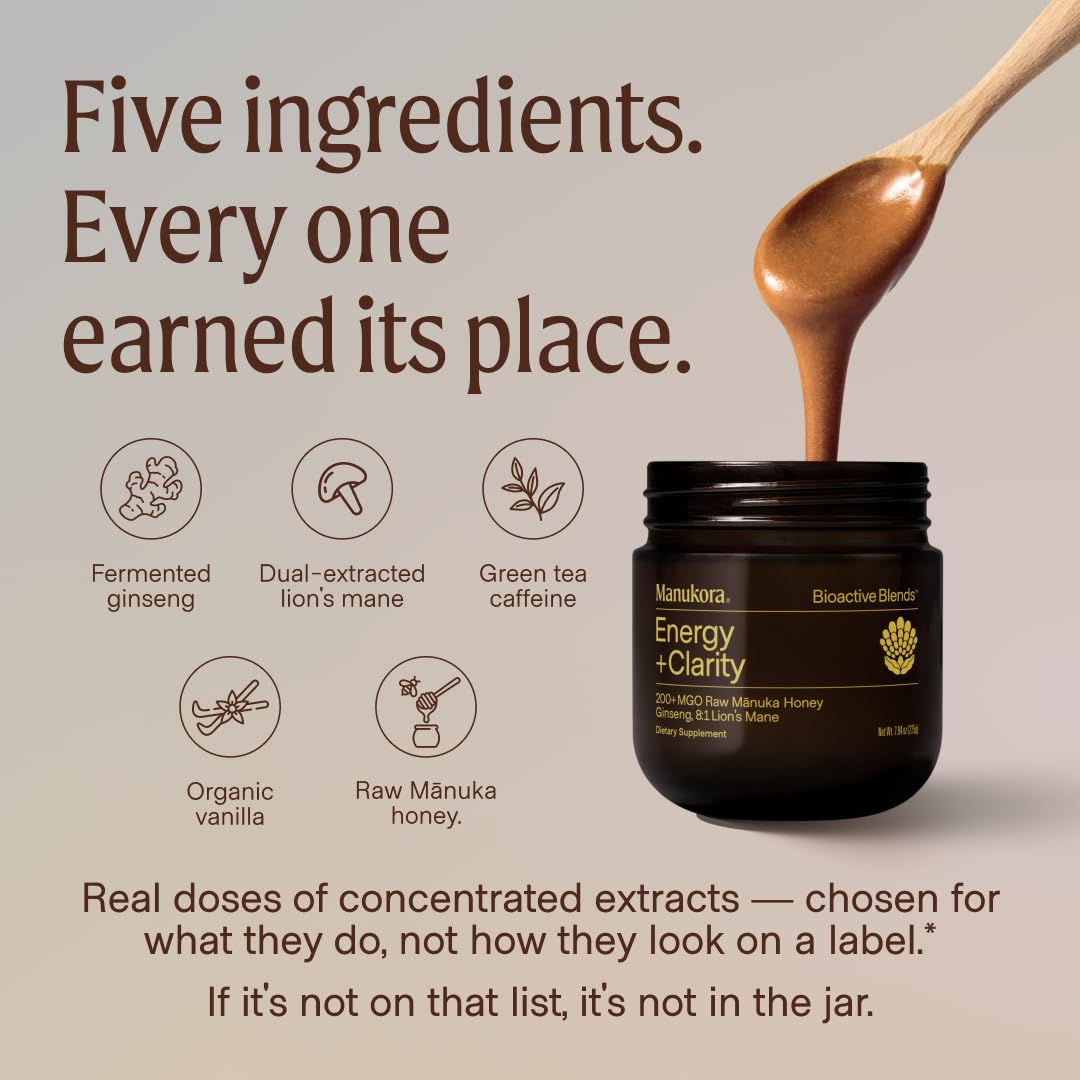 Manukora Energy + Clarity, Ginseng & Lion's Mane, Raw Manuka Honey, 225g — Amazon image 7