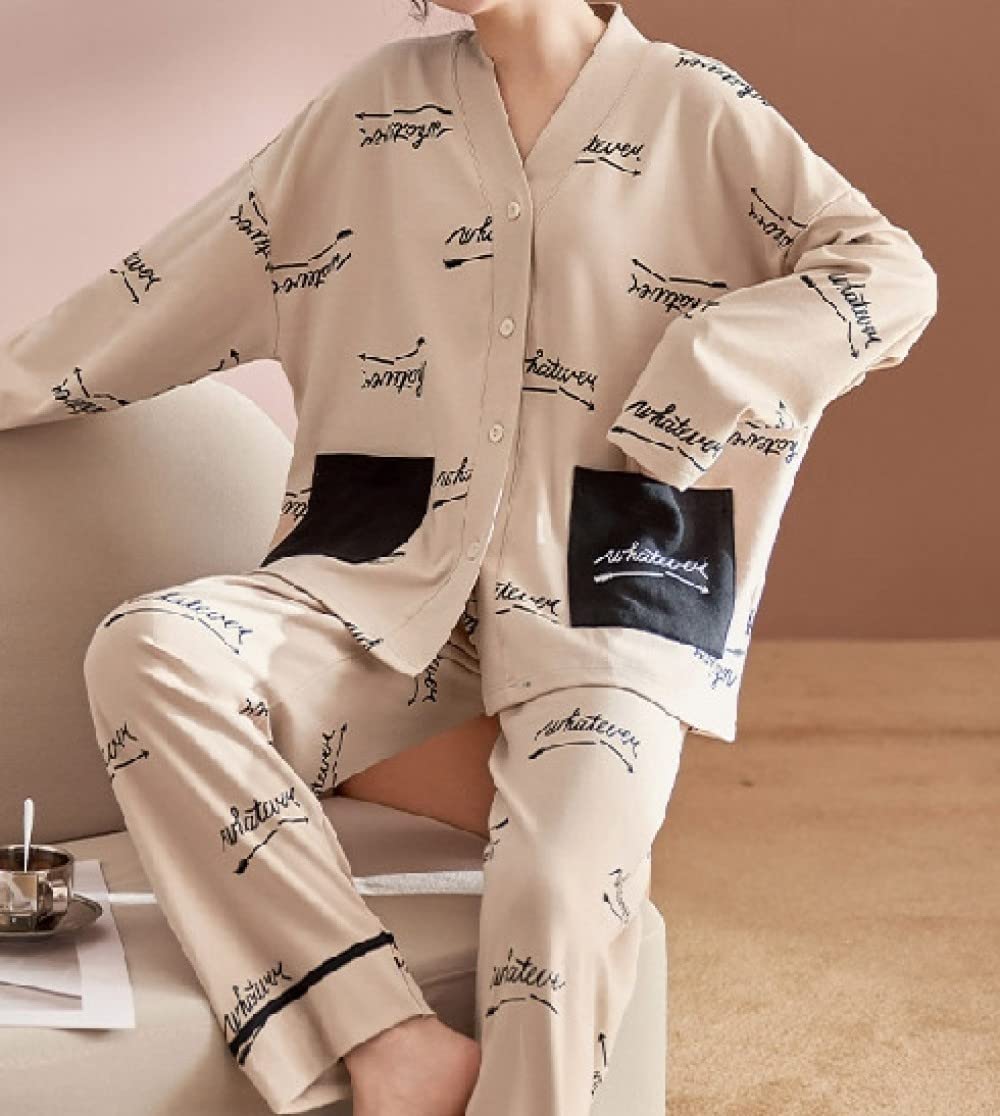 Pijamas Para Mujer Conjunto De Pijama De Poliéster Con Cuello En V Y Estampado De Letras De Color Marrón Claro Conjunto De Pijama De Manga Larga Simple Regular Suelto Para Mujer Conjunto De Dos Pi