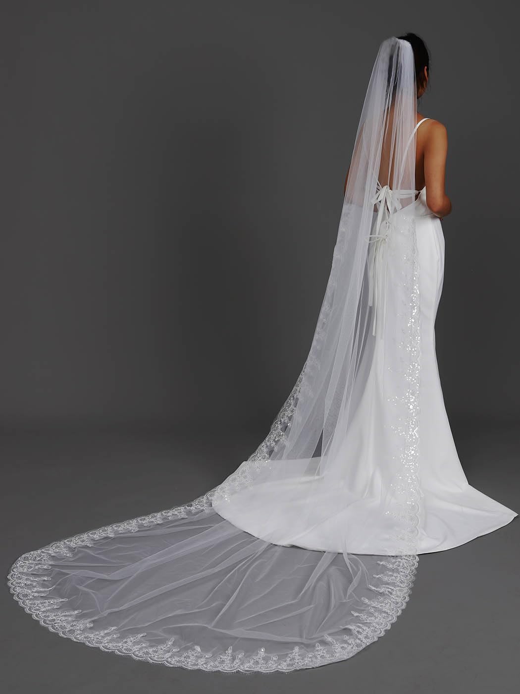 Yalice Lace Cathedral Bridal Wedding Veil 118'' Long Veils for Brides 1 Tier/1T Glitter Sequins Edge Veil with Comb
