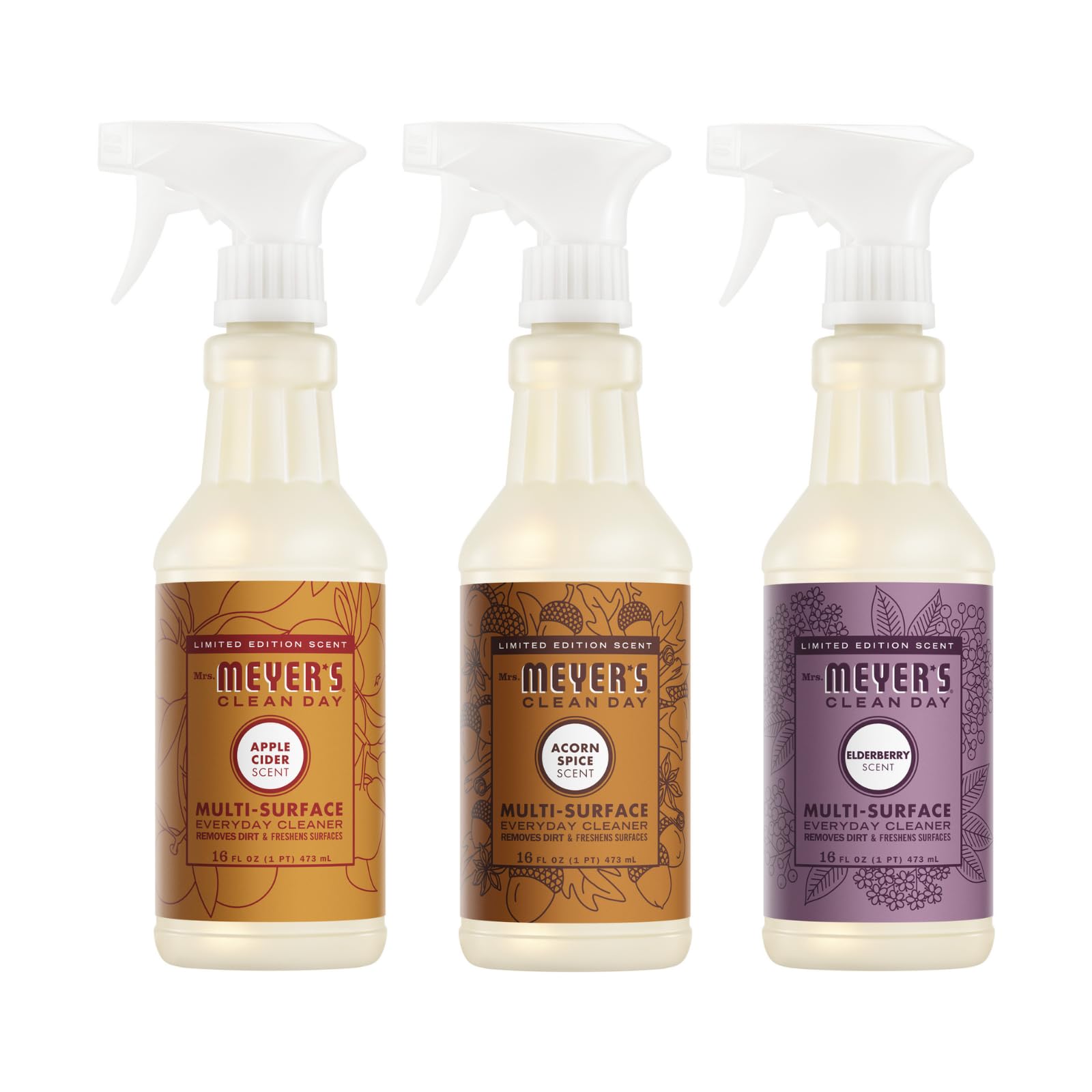 Mrs. MEYER'S Fall Scent Multi-Surface Cleaner, Elderberry, Apple Cider, Acorn Spice, 16 FL OZ each, 3 CT (Variety Pack)