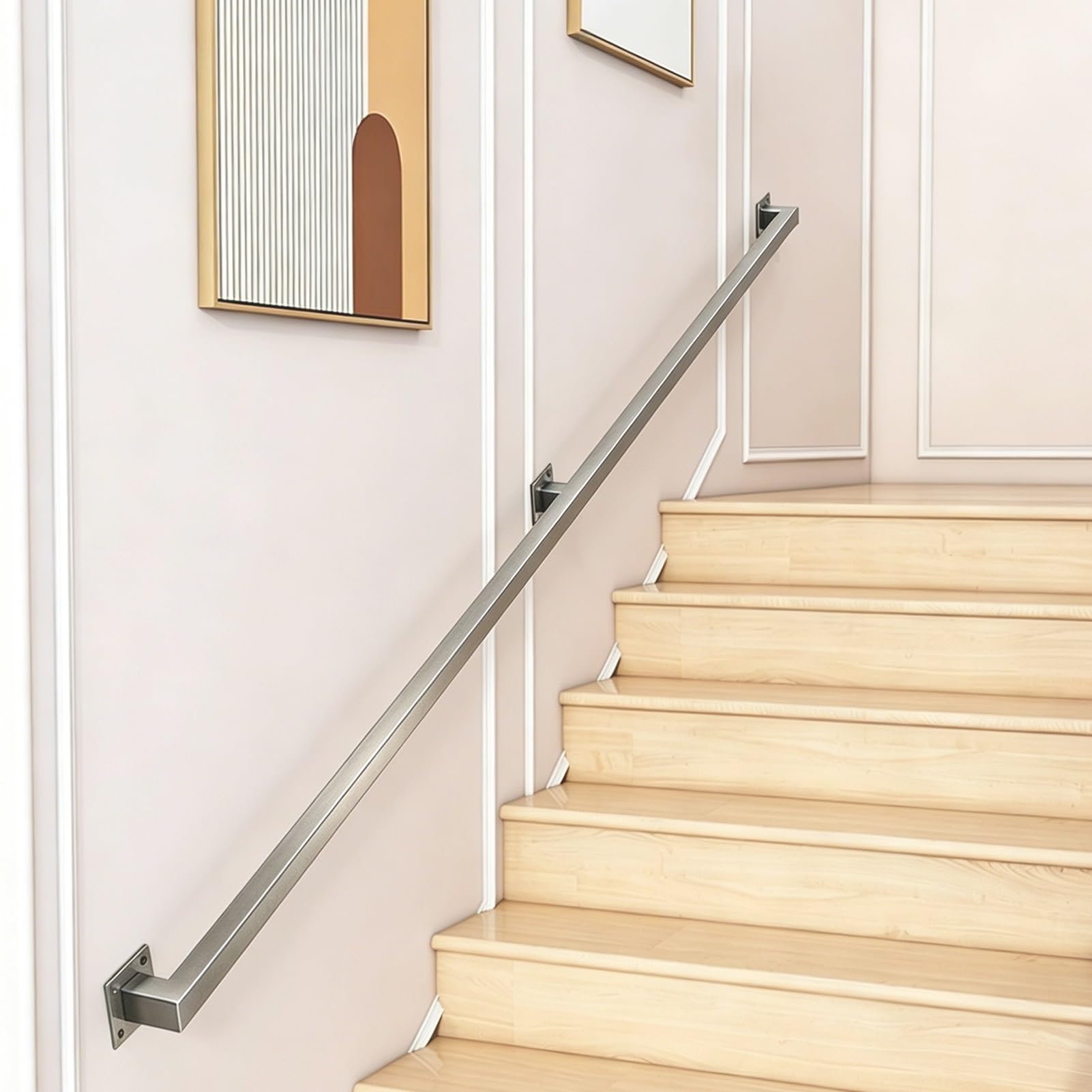 Hamankim One Color Stainless Steel Handrails For Indoor Stair, Sturdy Wall Mount Banister Grab Bar With Brackets, Square Pipe Non-Slip Guardrail Support Rod For Loft, Villa, Garage & Deck(19Ft/5.7M)
