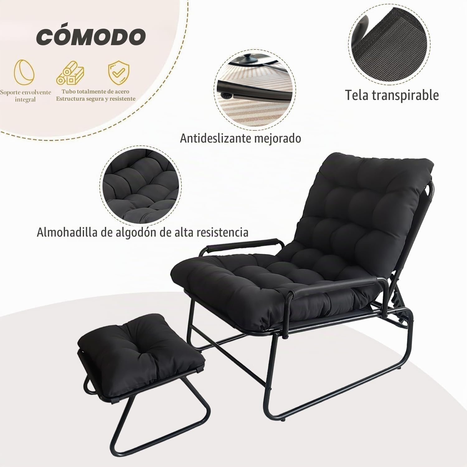 Tumbonas Jardin Exterior, Sillon Jardin Exterior, Tumbona con Taburete, Cojín Extraíble, 4 Posiciones Respaldo Ajustable, Sillones para Jardín, Terraza, Balcón (Beige)