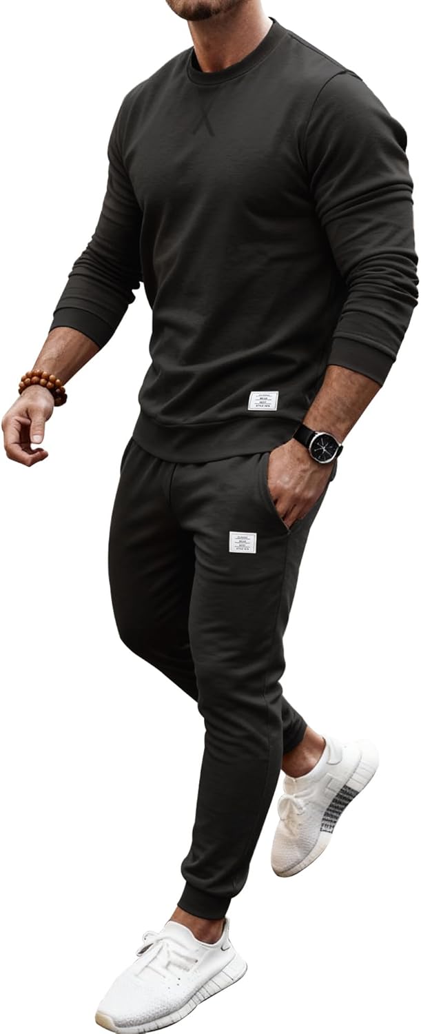 PLEPAN Men's 2 Piece Sweatsuit Lightweight Long Sleeve Crewneck Pullover Jogger Matching Sets Casual Outfits Tracksuit