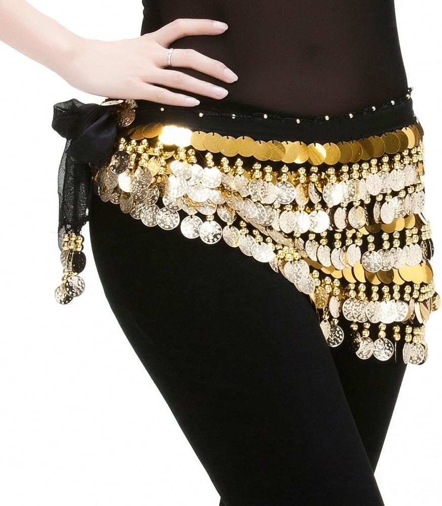 Belly Dance Hip Scarf Chiffon Belly Dance Skirt Wrap Belt Skirt with Gold Coins Belly Dance Costume for Women (Black) - Image 4