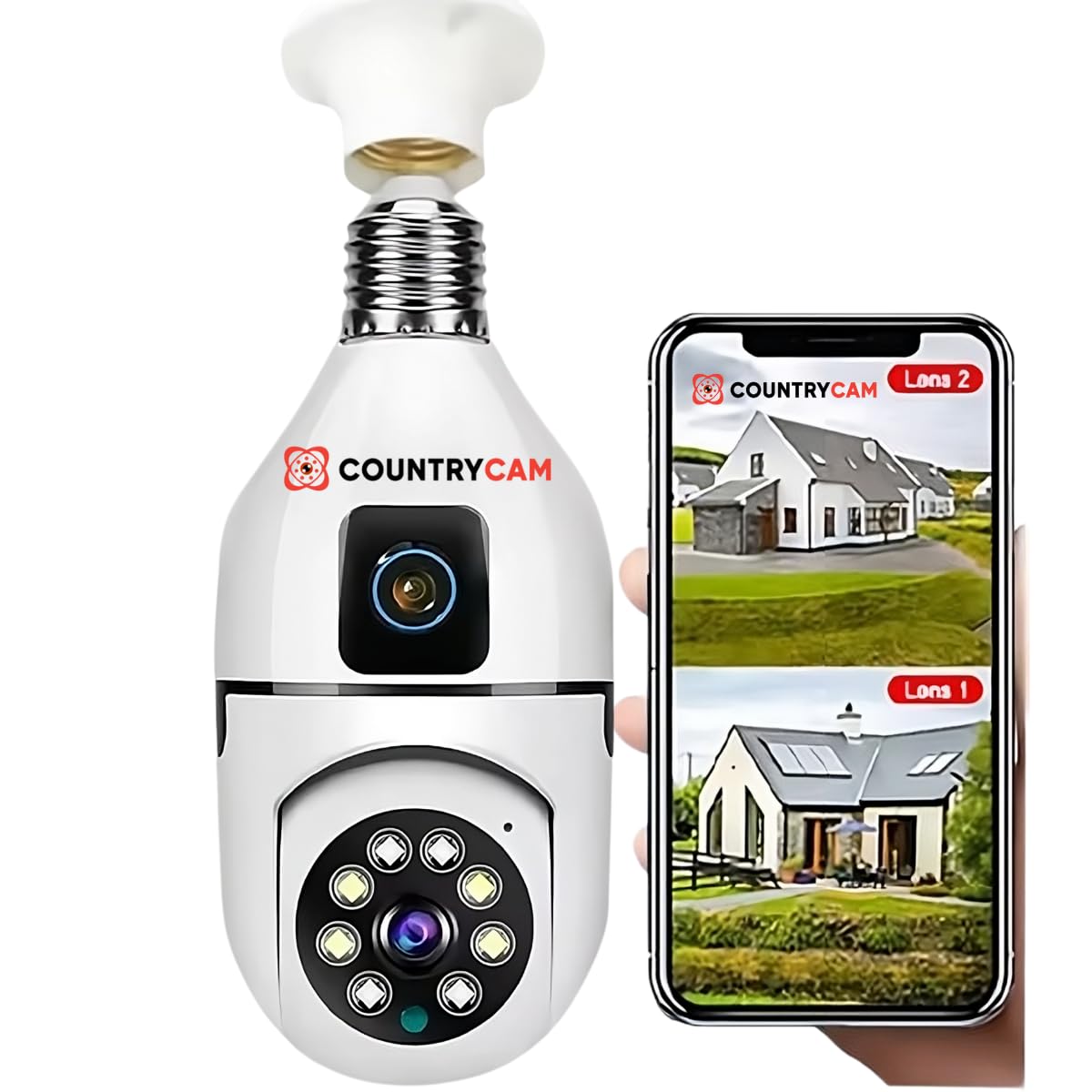 COUNTRYCAM 4MP Dual Lens Light Bulb Wireless IP WiFi Camera 1080p Full HD Color Night Vision Two Way Audio Auto Rotation Fish Eye 360 Degree Panoramic Mini Lamp IR CCTV Home Security