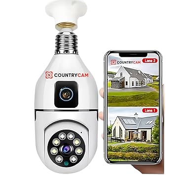 COUNTRYCAM 4MP Dual Lens Light Bulb Wireless IP WiFi Camera 1080p Full HD Color Night Vision Two Way Audio Auto Rotation Fish Eye 360 Degree Panoramic Mini Lamp IR CCTV Home Security
