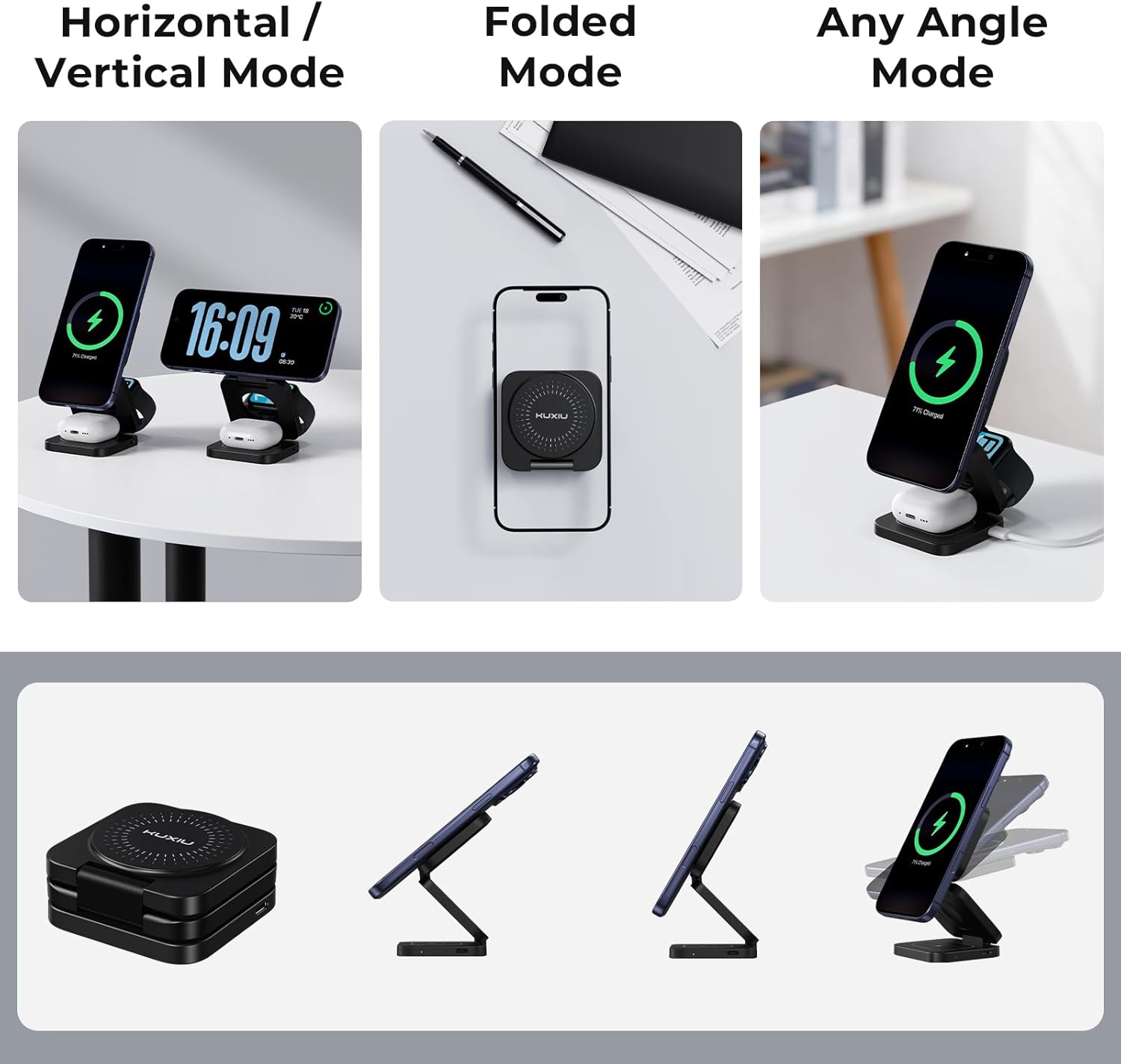 KU XIU Qi2.2 25W 3-in-1 Charging Station for Apple Device, Foldable Magnetic Charger for iPhone 17/16, 5W for Apple Watch & AirPods, Fast Travel Wireless Charging Stand with 45W Adapter