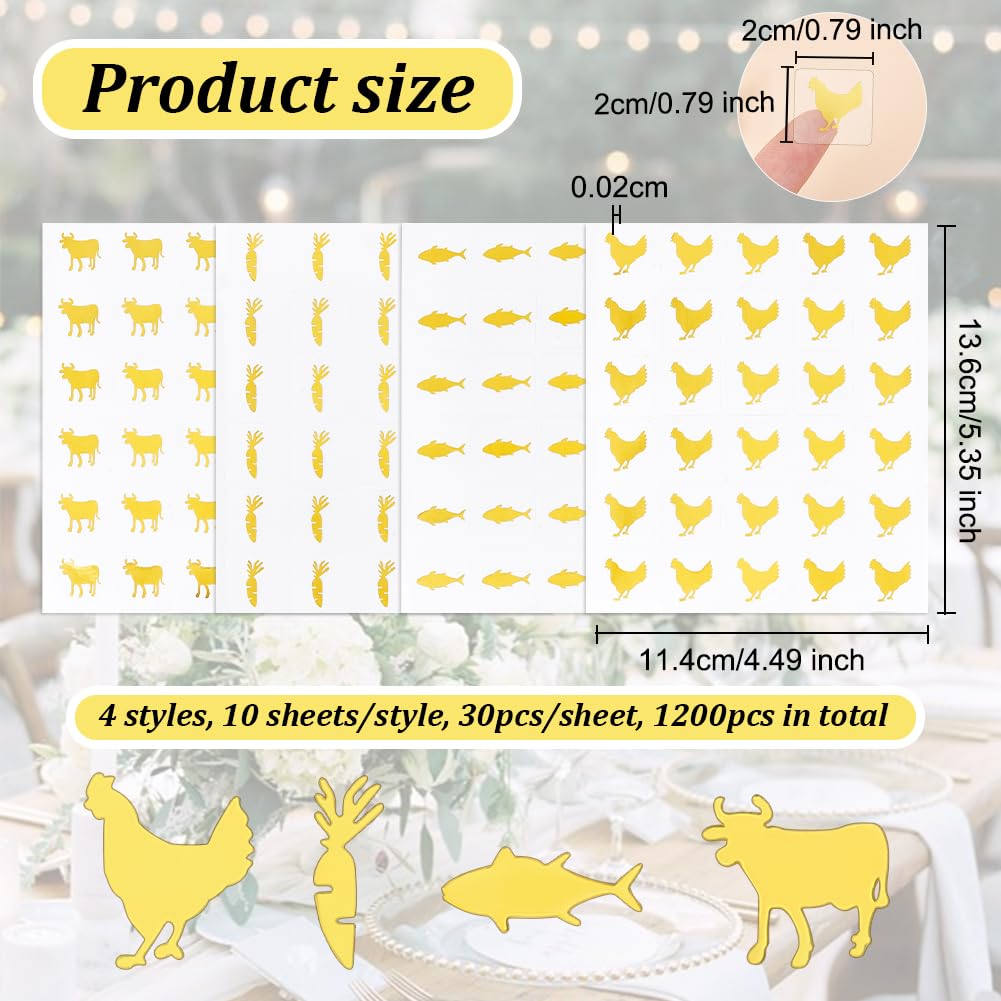 OLYCRAFT 2400 Adesivi Per Scelta Pasto - 4 Stili Mucca, Pesce, Pollo, Carota - Oro, 12x12 Mm - Per Matrimoni, Feste, Buffet - 3