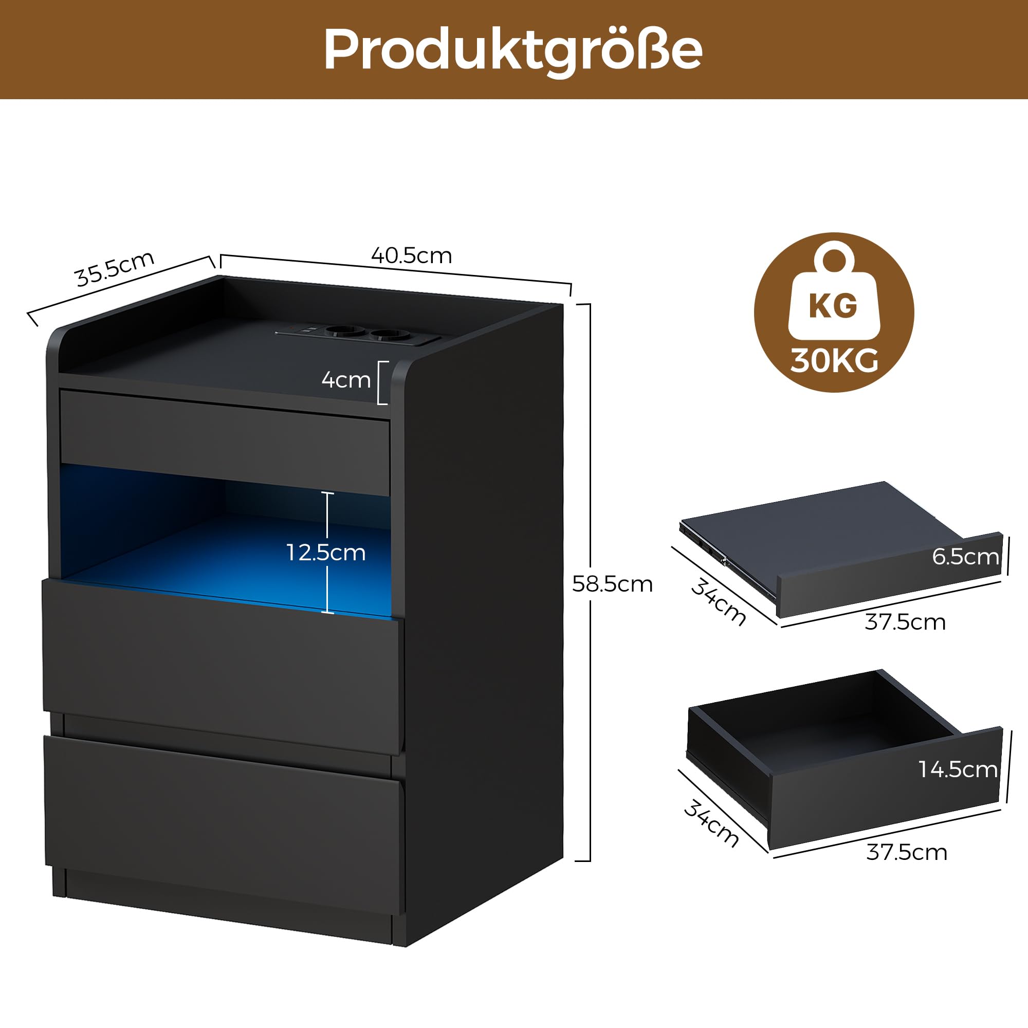 BEWISHOME Nachttisch 2er Set,Nachtschrank mit Verstecktes Fach,Nachttisch mit Steckdose,Einfach und vielseitig Nachtschrank mit Ladefunktion,für Wohnzimmer und Schlafzimmer (Schwarz) EFCG02B