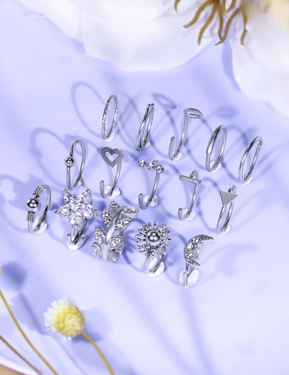 Kridzisw 18G 20G Nose Rings Studs Hypoallergenic 316L Surgical Steel L Shaped Screw Nose Rings Hoops Silver Heart Star Diamond Nose Piercing Jewelry for Women Men 42pcs - Image 4