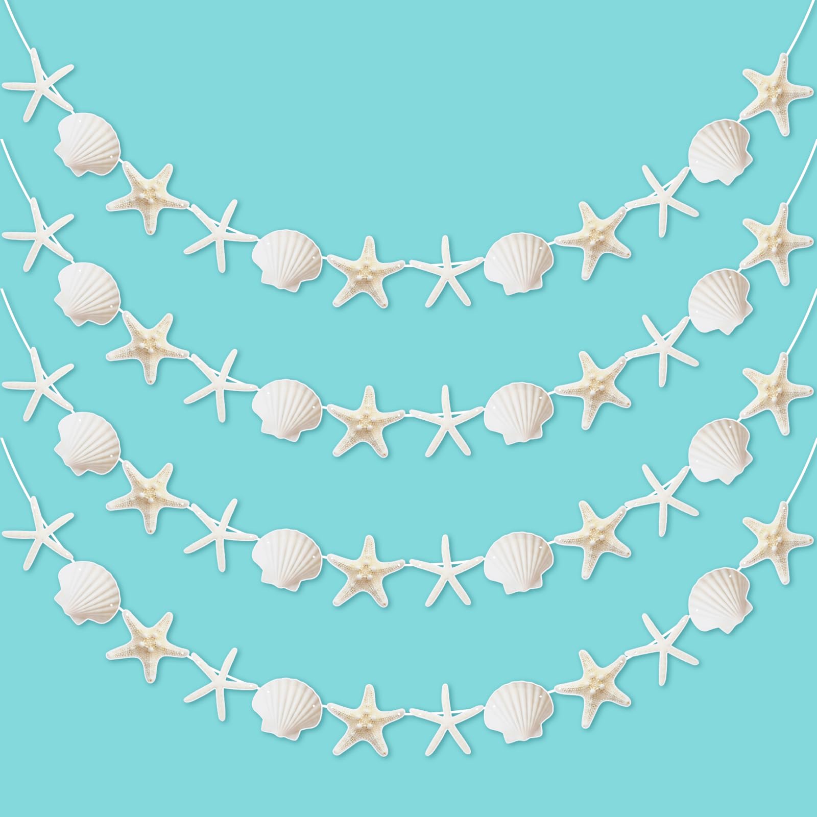 Newwiee 4 Pack 40ft Starfish Seashell Garland Ocean Coastal Nautical Party Decoration White Finger Starfish Sea Shell Cutouts Hanging Bunting Banner Under The Sea Mermaid Wish Birthday Beach Decor