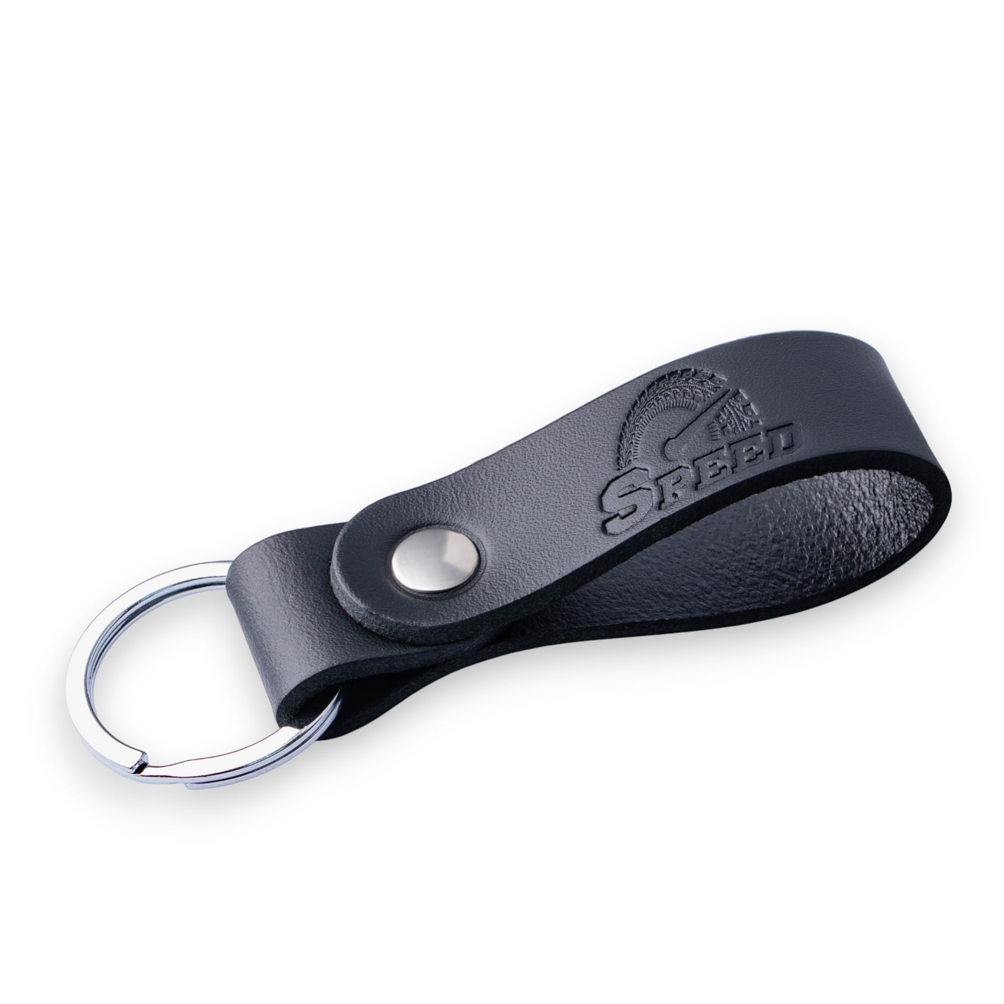 MAGOR Leather Full Grain Keyring for Men and Women, Elegant Black Key Ring with Hot Embossed Design, Personalised Keychain for Car or Home Keys, Premium Gift for Him Her Dad Husband (Speed)