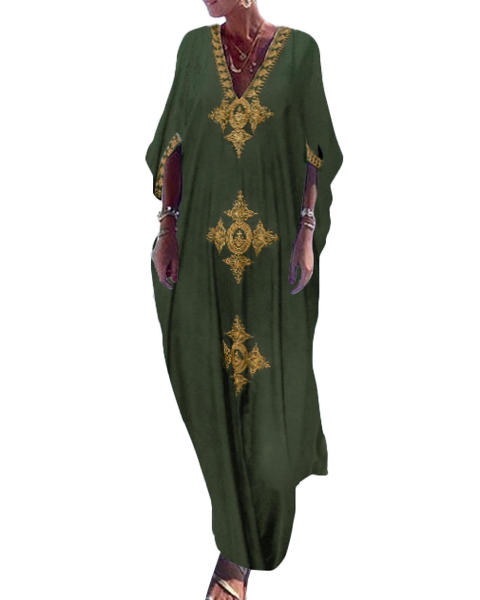 Gold Embroidery Long Kaftan Dresses V Neck Caftan Dress Beach Cover Ups for Women Embroidery