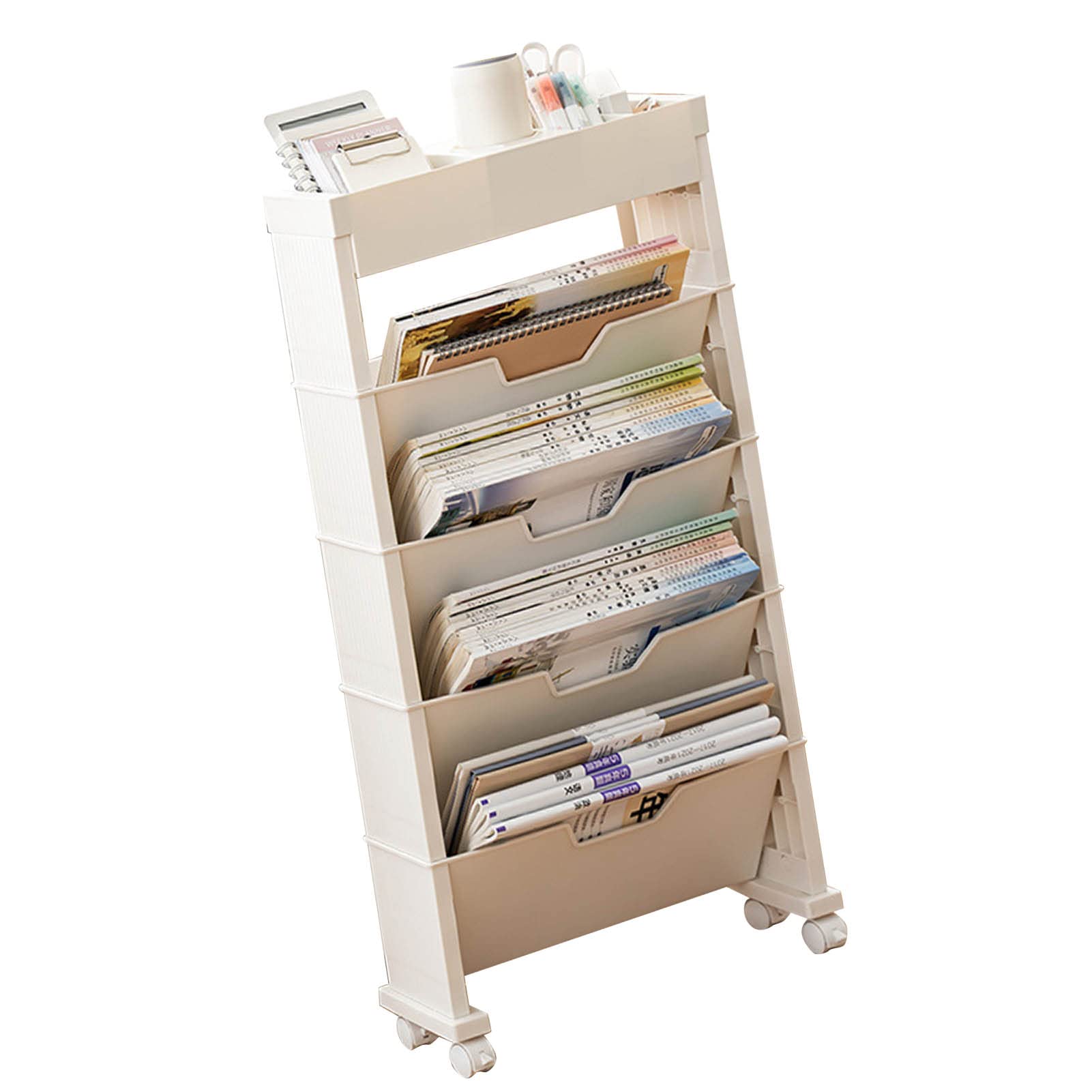 DADEA Carrito de Libros Móvil de 4 Niveles, Estante de Almacenamiento de Libros con Ruedas, Carrito Organizador de Carpetas de Archivos Móvil con Ruedas, Estantería Móvil Portátil Ideal(Beige)