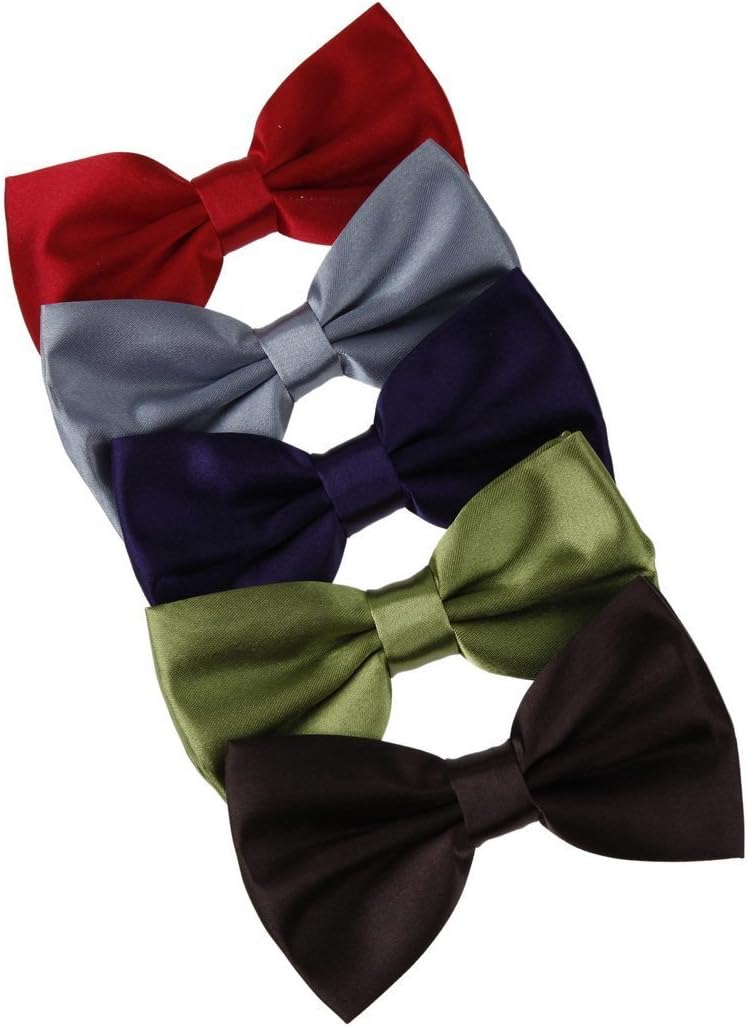 DAN SMITH Bowtie For Mens Multi-Color Satin Solid Pretied Bow Ties 25.6"-Neck-Size Clip-On Adjustable Set Of Exotic Style DBF2001 Yellow Green,Dark Red,Root Beer,Dark Slate Gray,Indigo