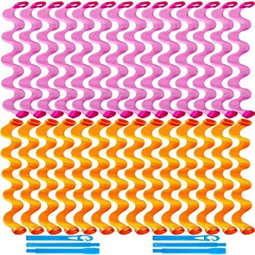 30 Pieces Hair Wave Curlers Spiral Curls Styling Kit No Heat Hair Curlers Heatless Spiral Curlers Hair Rollers with 2 Pieces Styling Hooks for Most Hairstyles (Pink, Orange,45 cm)