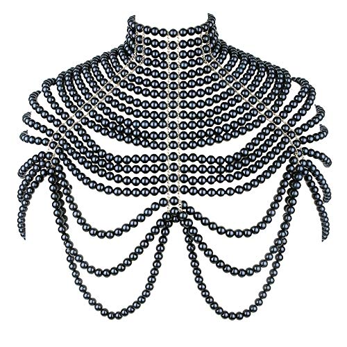 LORYP Pearl Body Chain Necklace for Women - Adjustable Size Pearl Shoulder Chains Fashion Colorfast Pearl Body Chain Jewelry (Black)