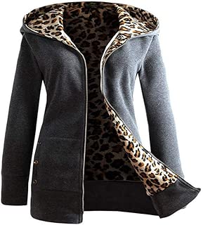 iYBUA Women's Leopard Velvet Thickened Hooded Sweater Zipper Coat