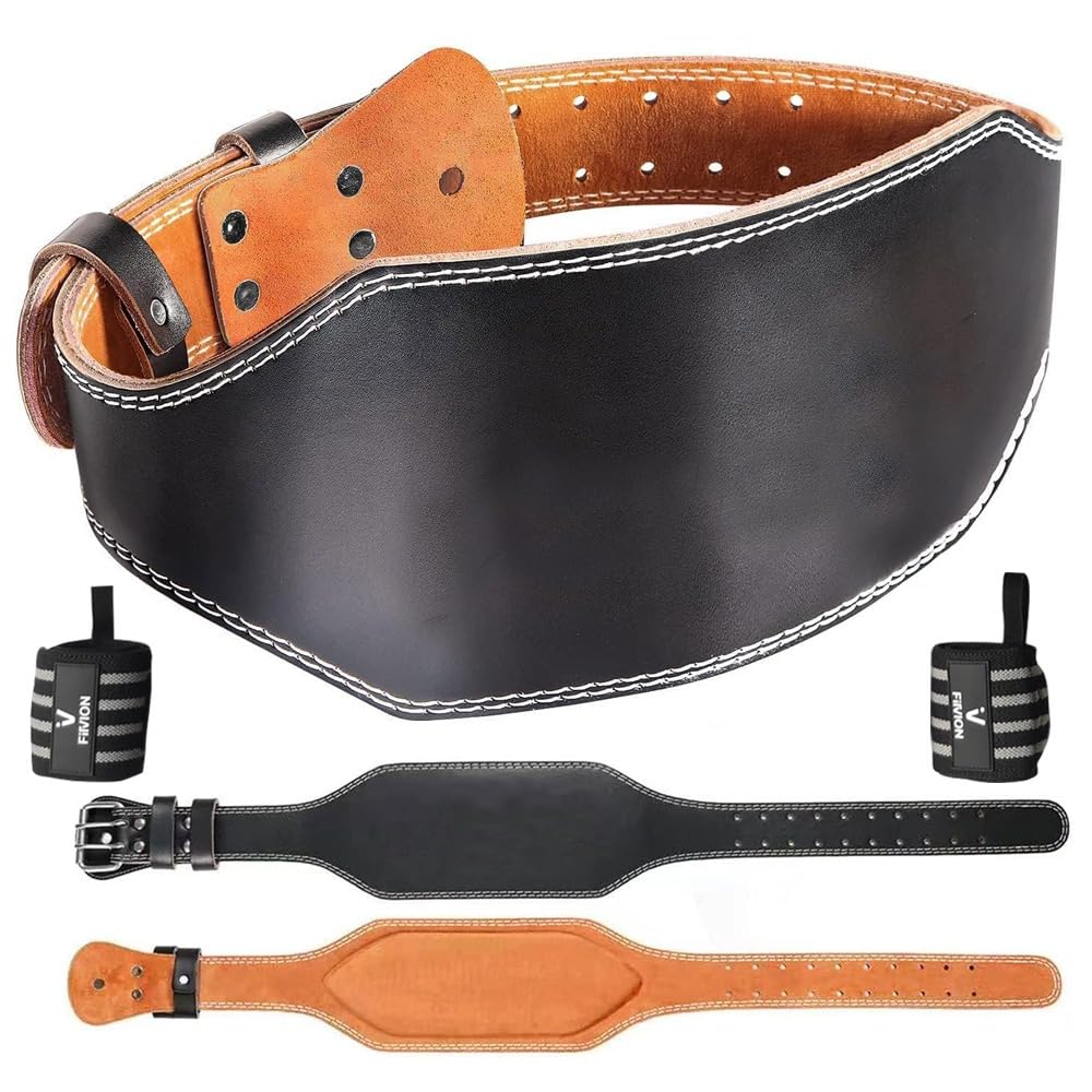 Premium Leather Weightlifting Belt With Free Wrist Wraps (Save $10 in Combo Pack) - Powerlifting belt - Back Support for Gym, Bodybuilding and Weightlifting - Weight Lifting Belts for Men & Women