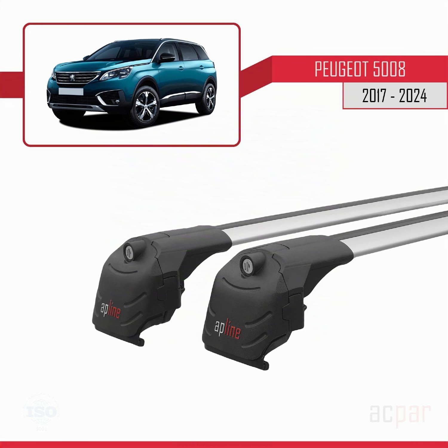 Compatible avec Peugeot 5008 II (P87) 2017-2024 ACE-2 Modèle Barres de Toit Railing Porte-Bagages de Voiture Aluminium Gris 2 Barres