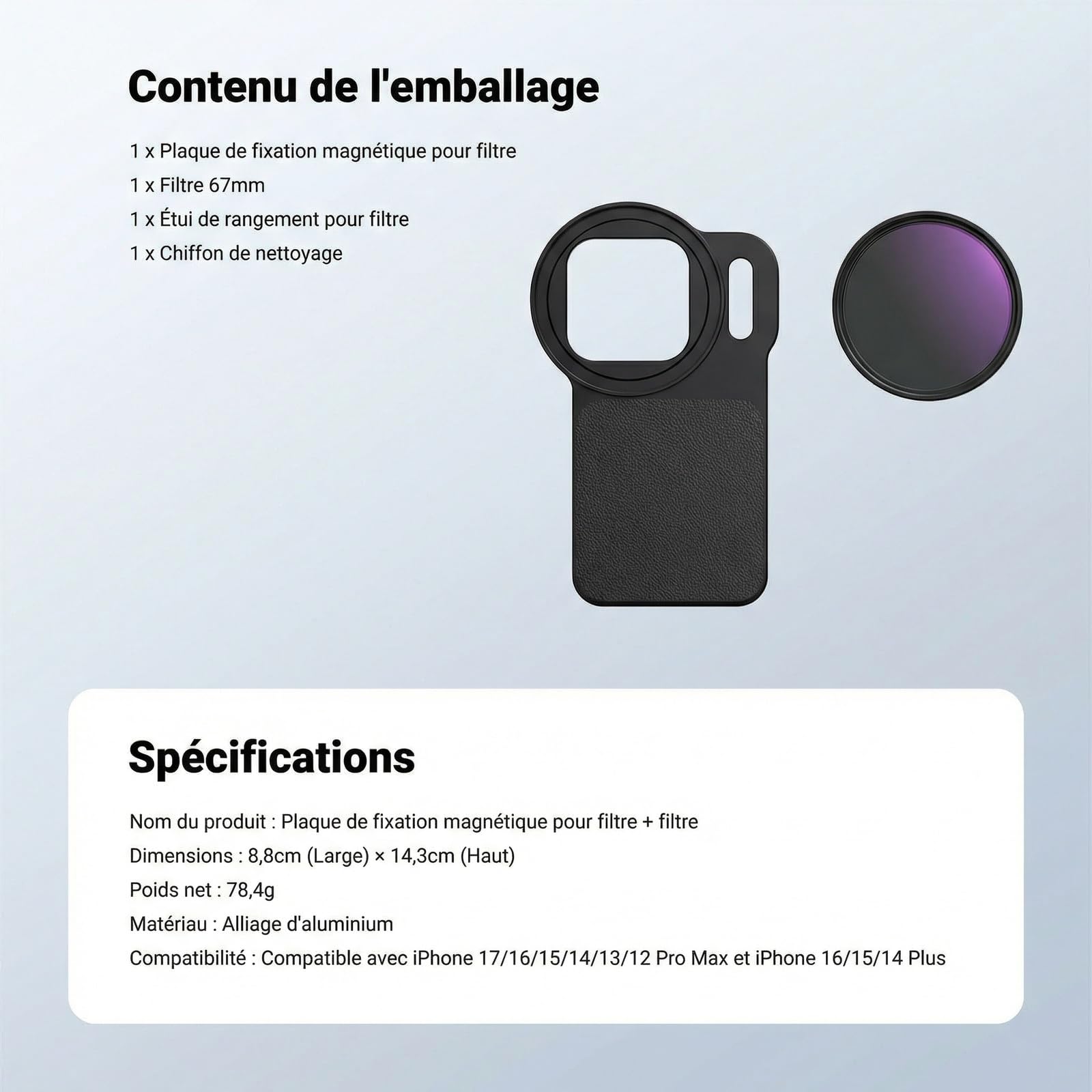 NEEWER 6,9" Adaptateur de Filtre magnétique pour Objectif téléphone avec Filtre à densité Neutre Variable de 67mm (ND 2-32), Compatible avec iPhone 12/13/14/15/16/17 Pro Max&14/15/16 Plus (MagSafe)