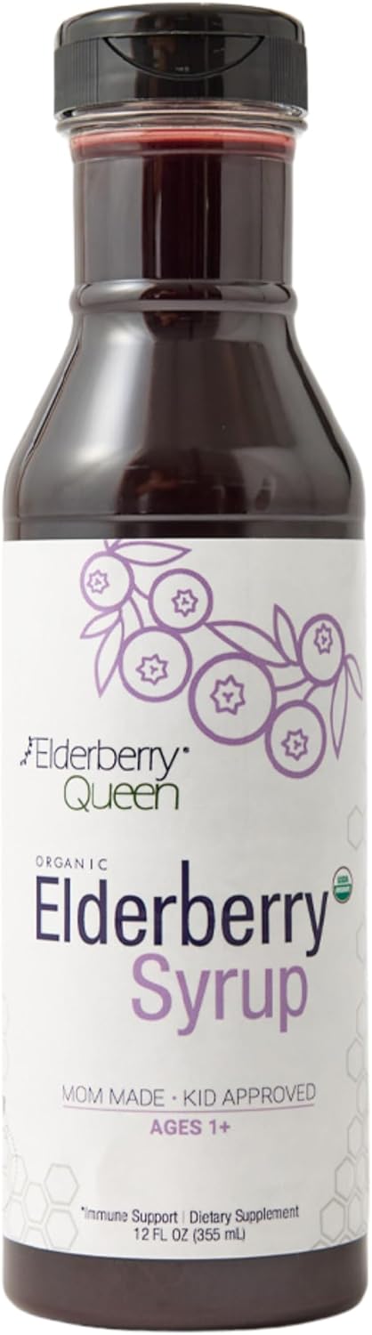 Elderberry Queen Organic Elderberry Syrup 12 Fl Oz - Immune Support Formula with Sambucus Black Elderberry & Aronia Berry - Pure Natural Certified Organic Elderberry Syrup for Kids and Adults