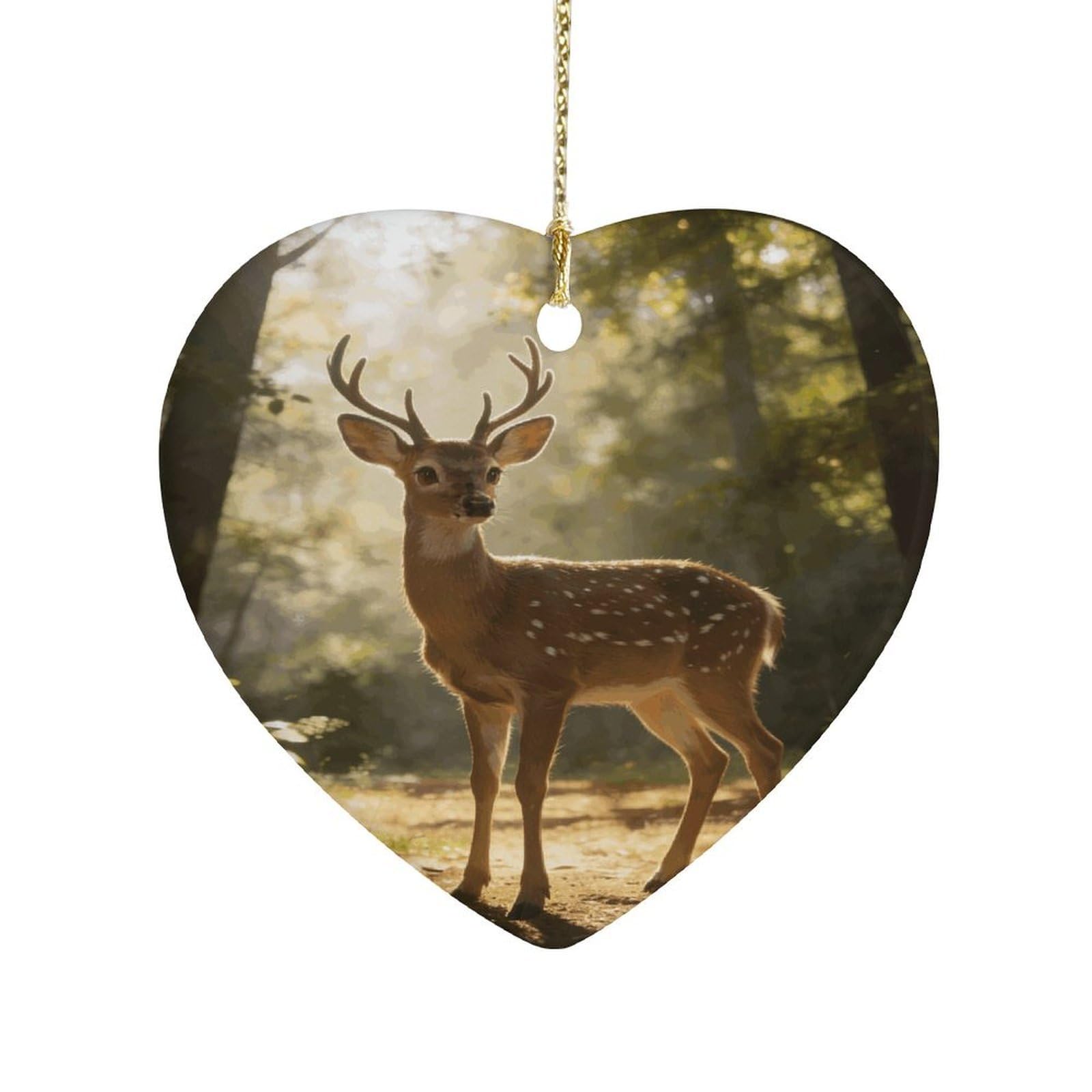 Khauerbc Style Deer Encounter The Dawn Lightheart Shaped Ceramic Ornament With String,Ceramic Ornament,Two-Sided Printed For Christmas Tree And Holiday Decoration