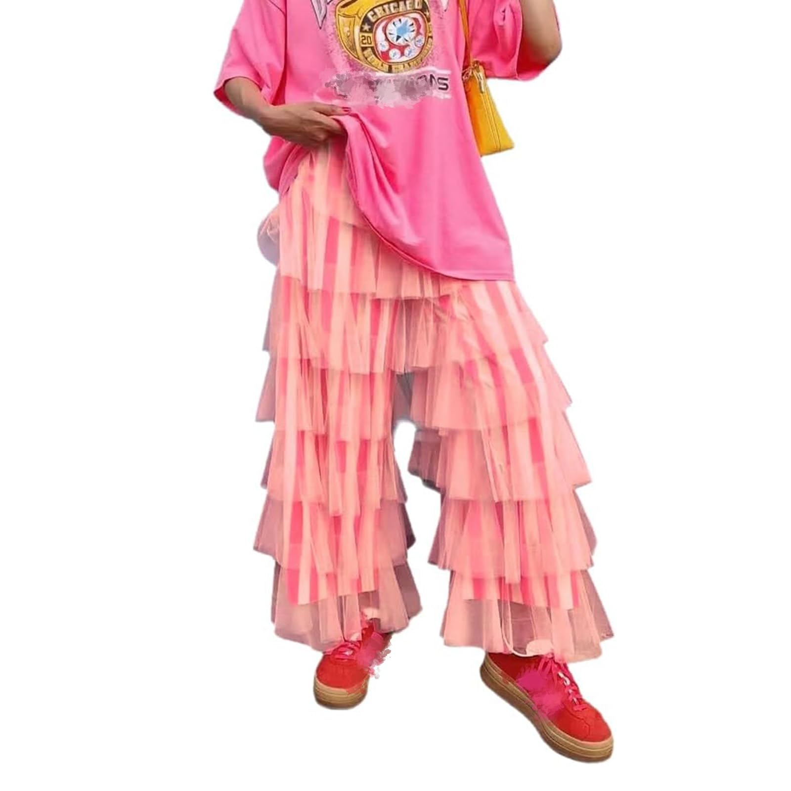 Women Tiered Ruffled Tulle Pants Casual Mesh Ruffles Stripe Print Elastic Trousers for Daily Streetwear