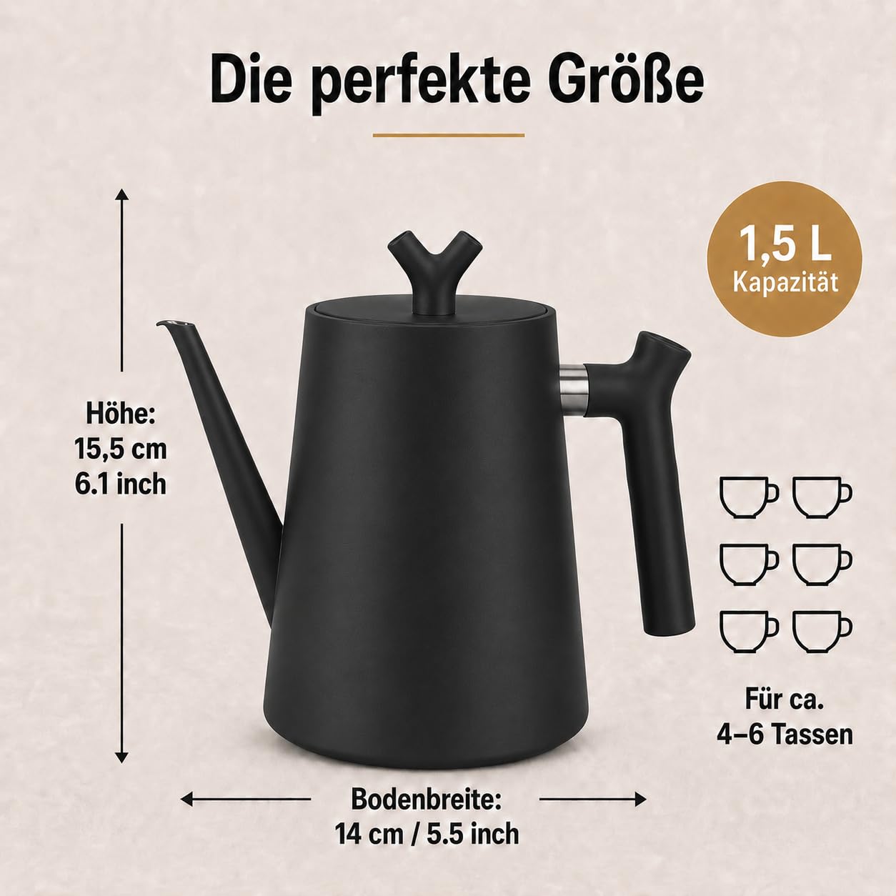 Teekanne mit Siebeinsatz 1.5 L - Teekanne Edelstahl Doppelwandig Schwarz Isolierkanne für Losen Tee Kräutertee und Kaffee - 100% Tropffrei Hitzebeständiger Griff für alle Herdarten