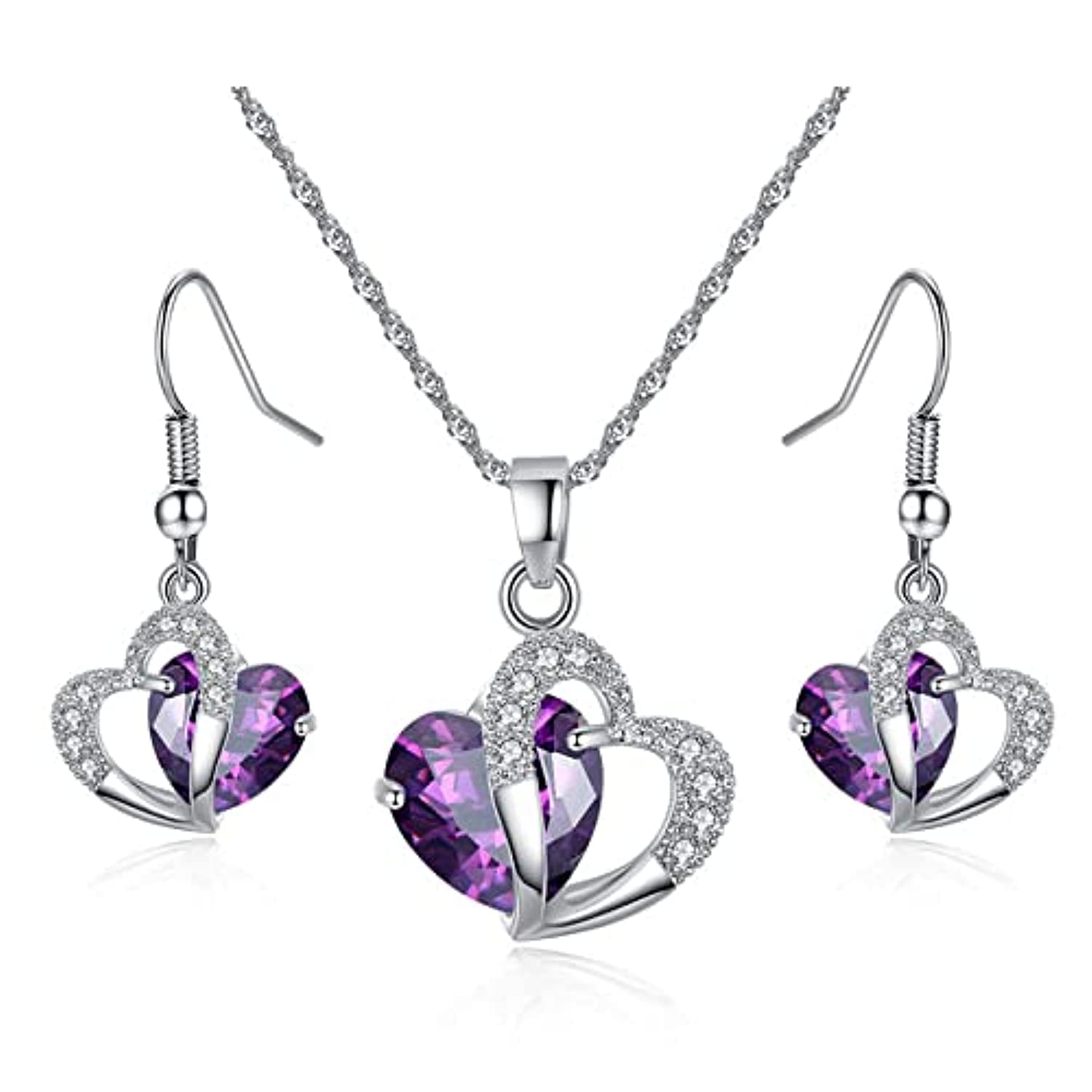 YplunWomen Gift Jewelry Set Inlaid with Crystal Cubic Zirconia - Silver Plated Necklace/Earring/Ring Set