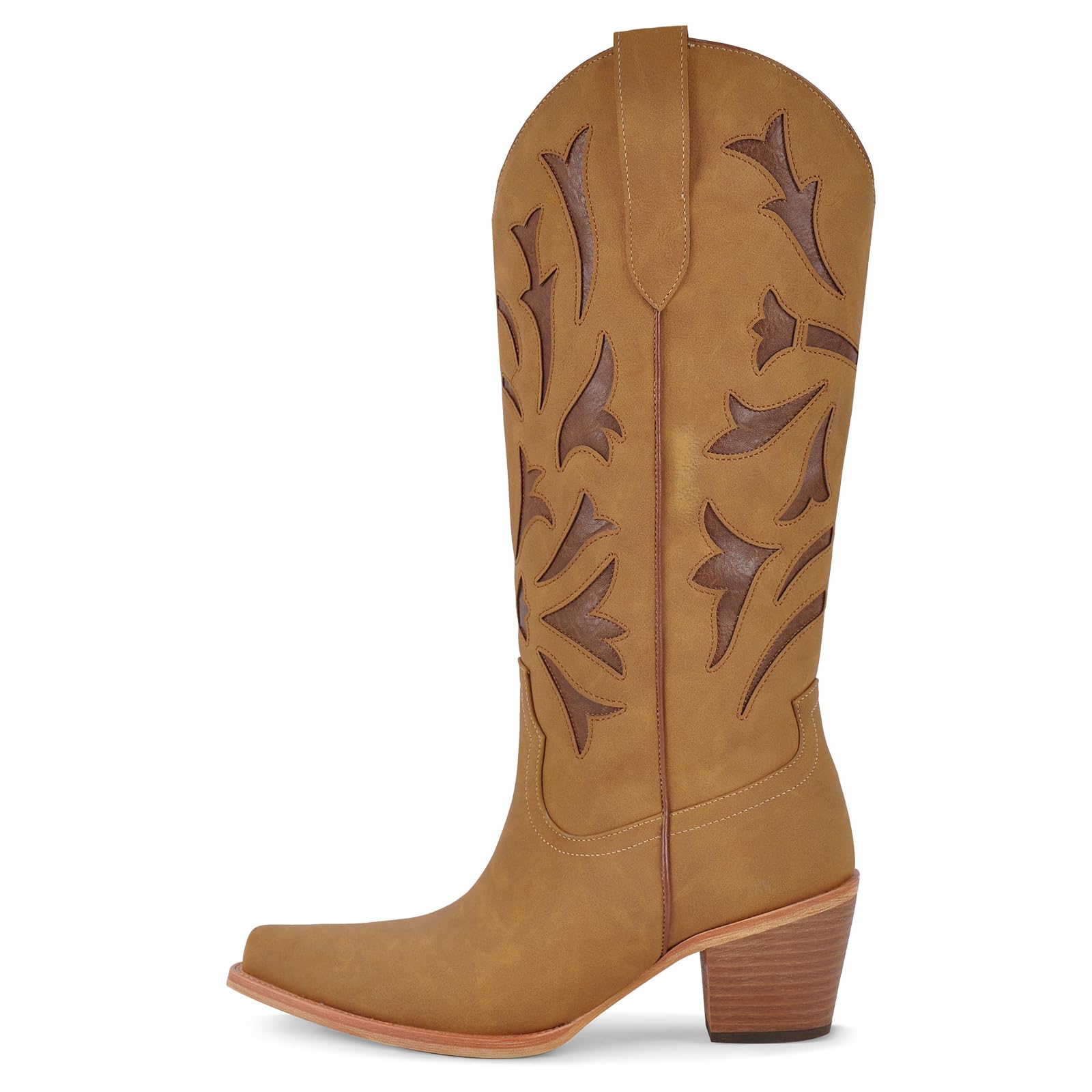 Womens Cowboy Party Casual Mid Calf Boots Pull On Western Cowgirl Boot Thick High Heels