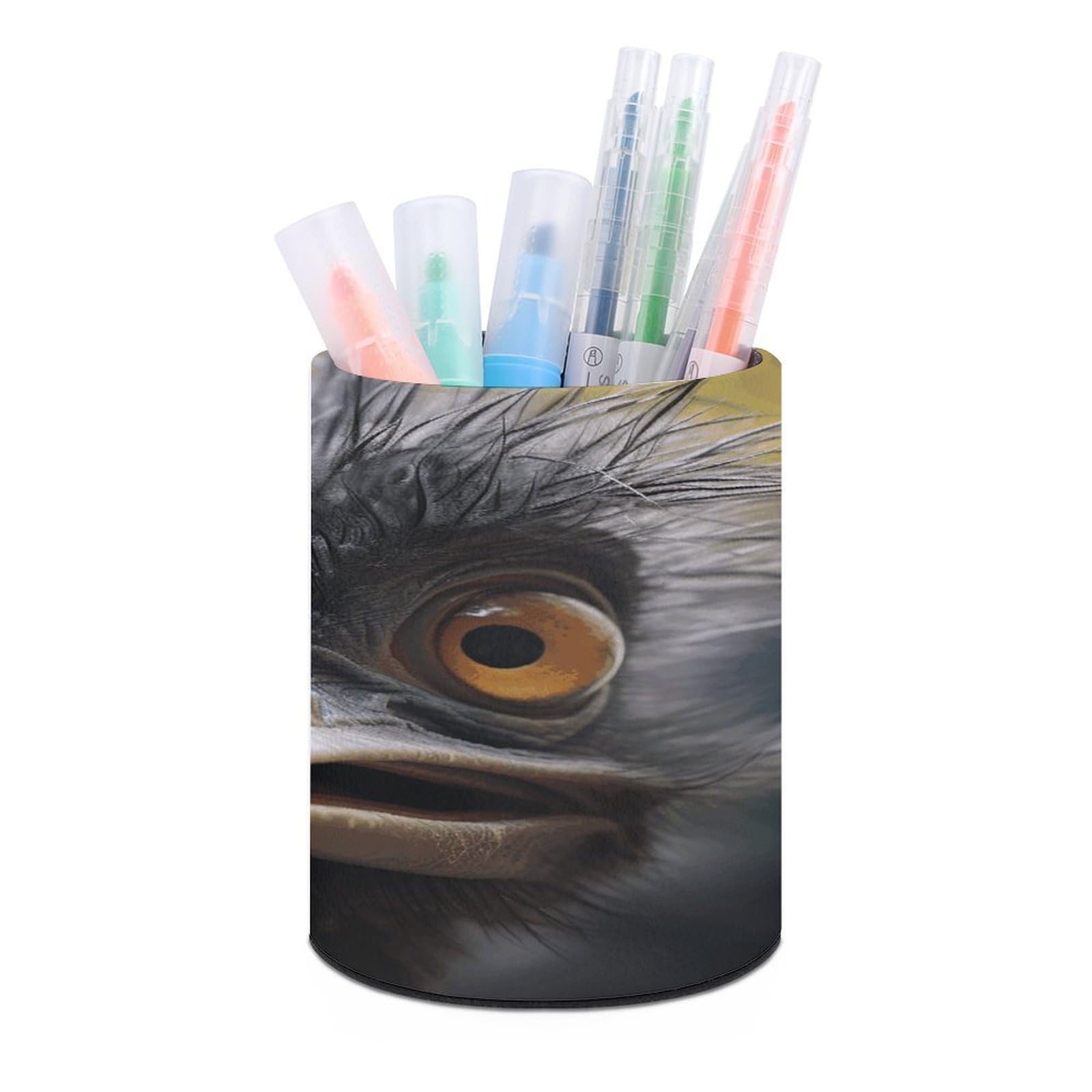VstaDank Emu Pen Holder PU Leather Pencil Cup Minimalist Desk Pencil Holder Round Make Up Brush Organizers For Office Dorm Room&Vanity Desk Accessories