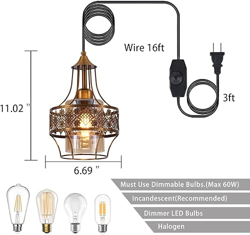 Miniatura 6 de YLONG-ZS Lámpara colgante con enchufe de granja, lámpara colgante de cristal dorada, luces vintage con cable de enchufe de 16 pies para isla de
