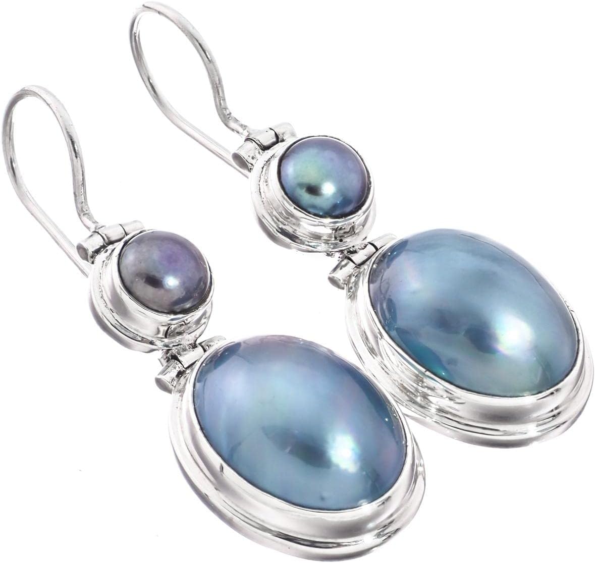 925 Silver Blue Oval Mabe Cultured Pearl Sterling Dangle Drop Earrings, 1"